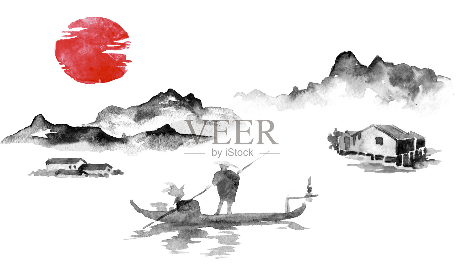 日本传统sumi-e画。墨汁插图。男人和船。夕阳,黄昏。日本的照片。插画图片素材