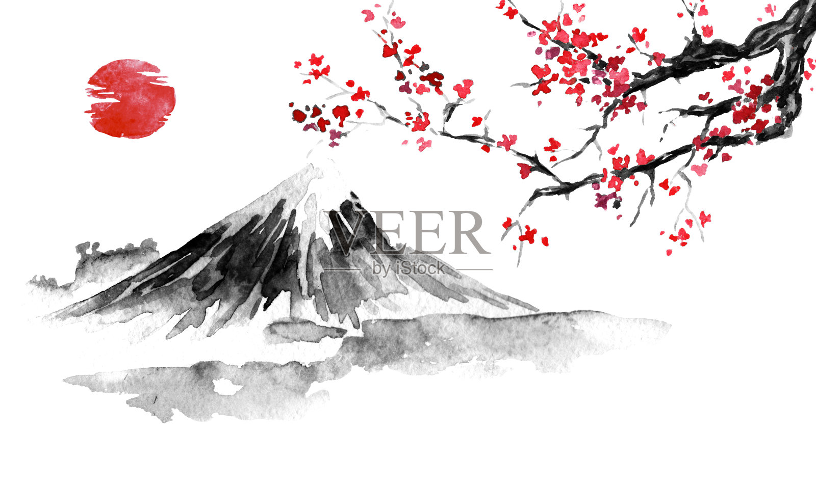 日本传统sumi-e画。富士山，樱花，日落。日本太阳。墨汁插图。日本的照片。插画图片素材