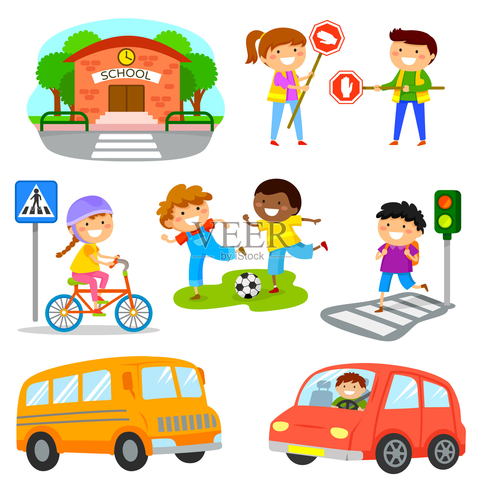 一套可爱的卡通儿童和物体有关的道路交通安全设计元素图片
