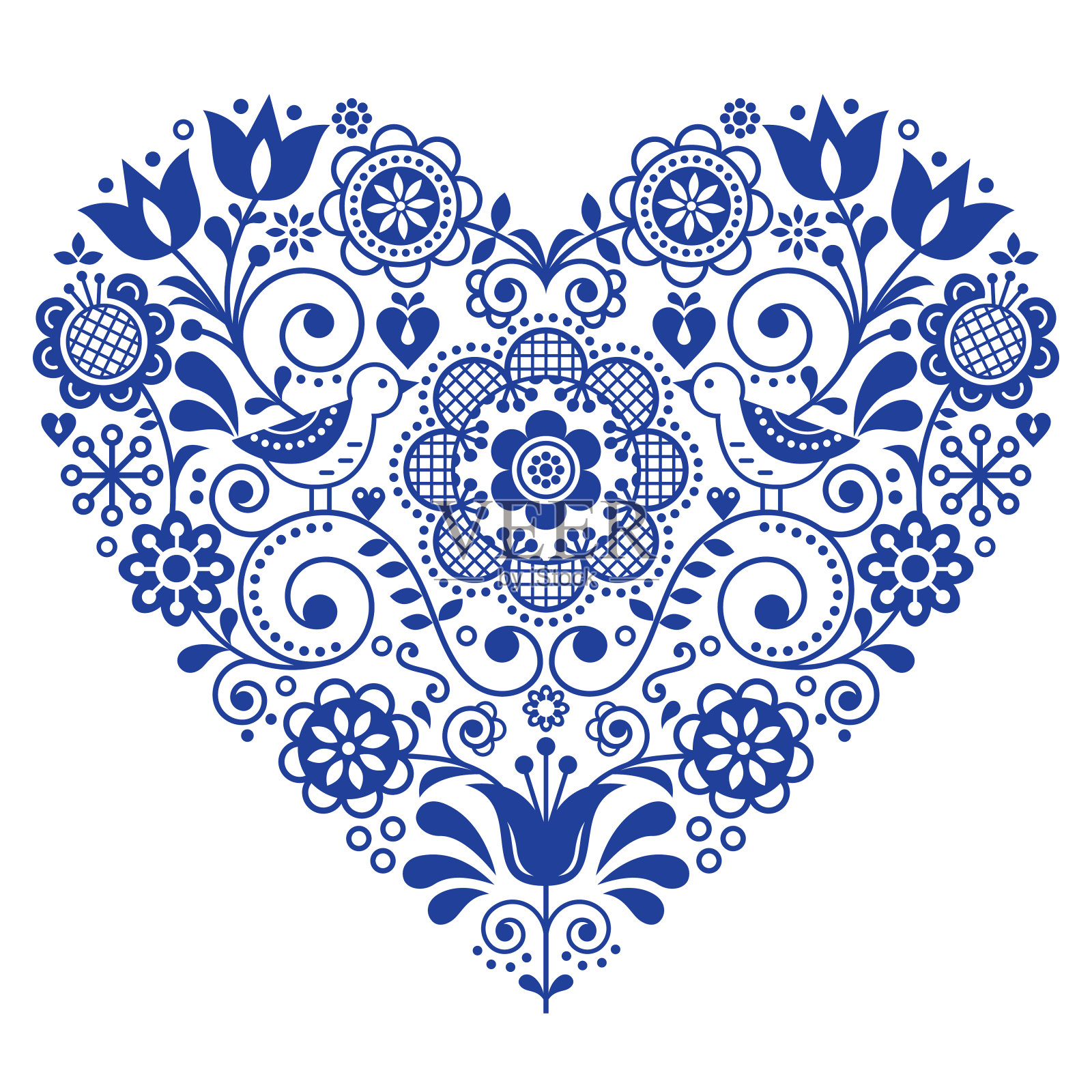 斯堪的纳维亚民间心形矢量设计，情人节，生日或婚礼贺卡，海军蓝花卉图案插画图片素材