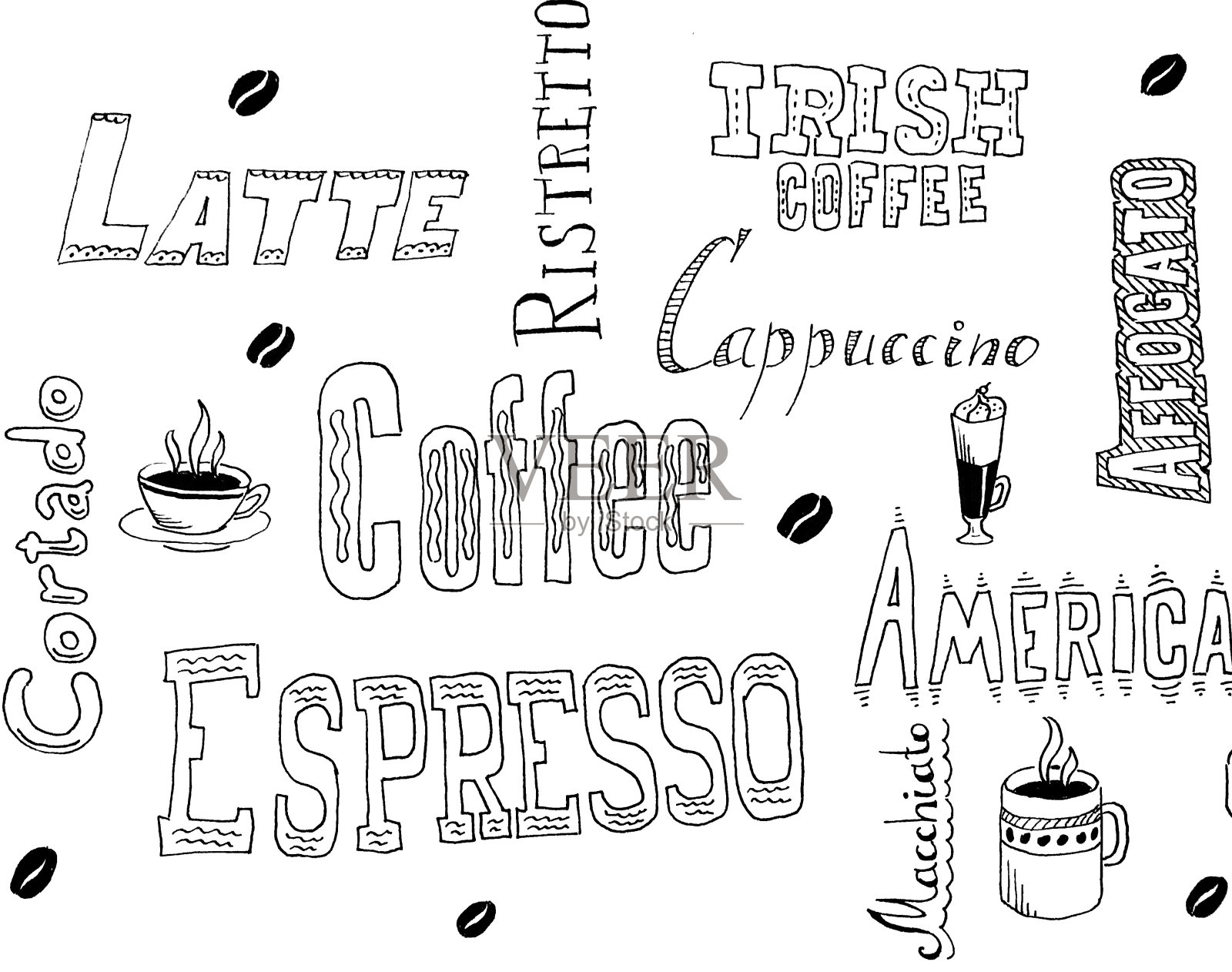 咖啡涂鸦设计元素。手绘海报。插画图片素材
