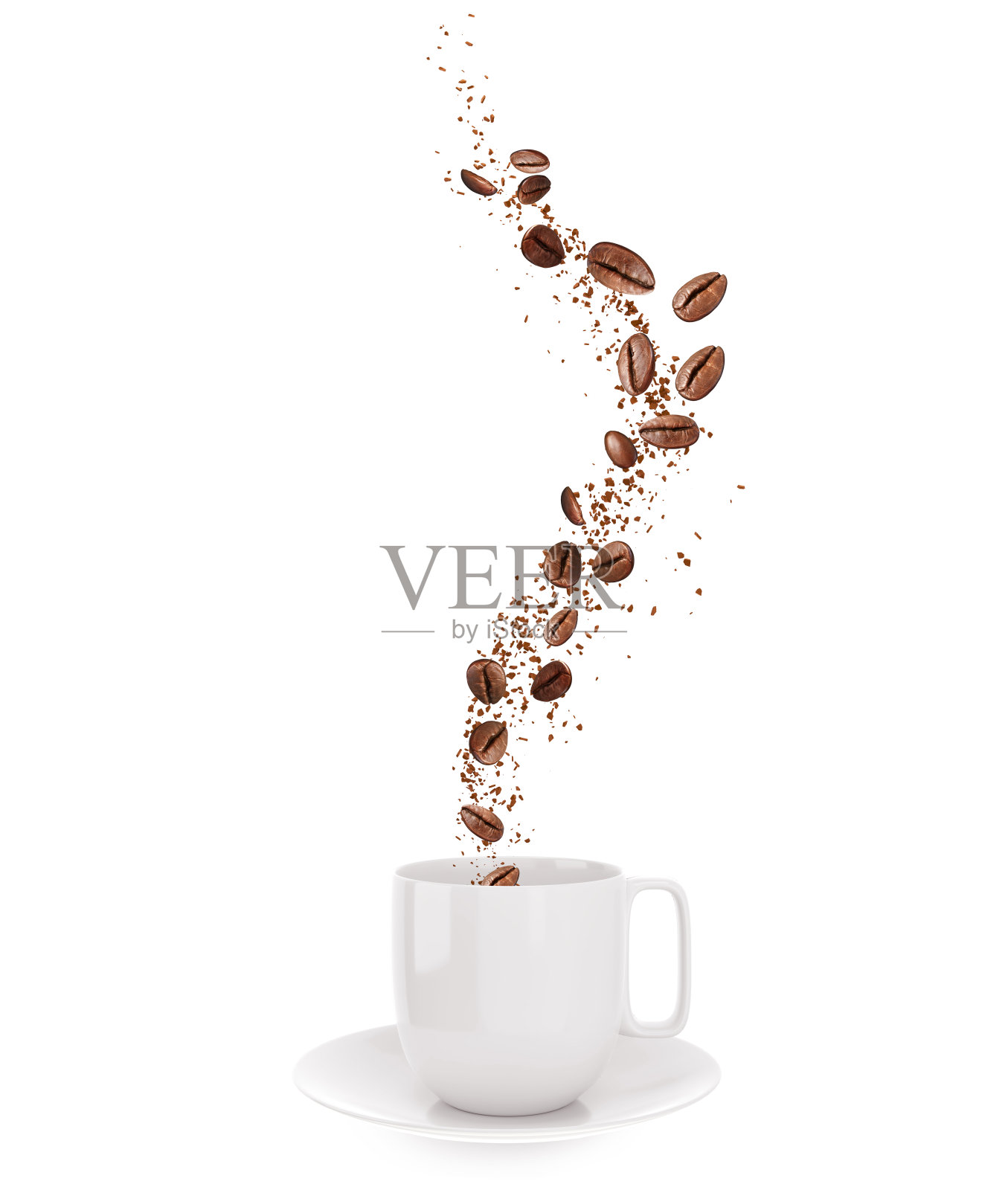 咖啡豆和咖啡粉从一个白色的杯子里飞出来照片摄影图片