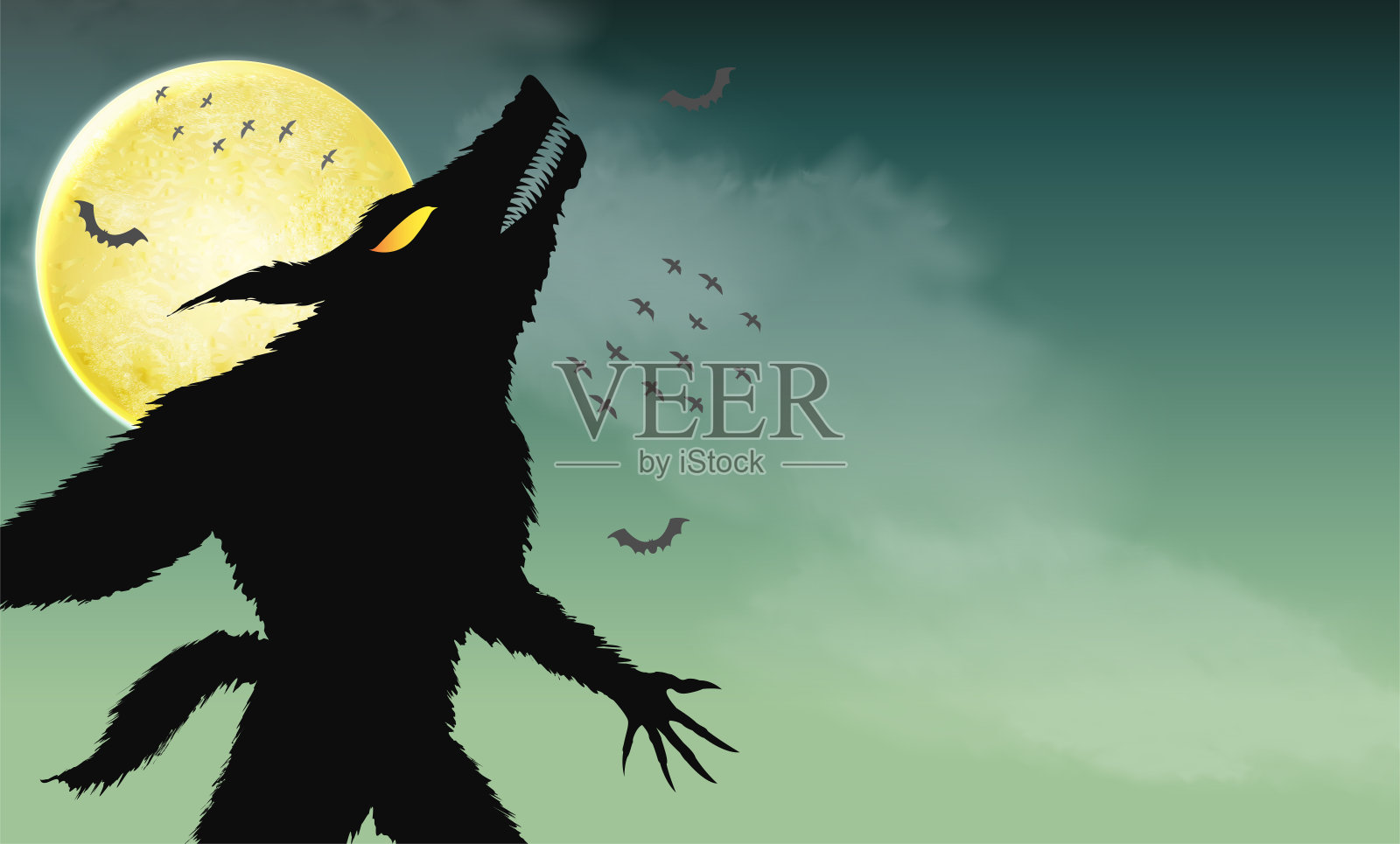 狼人在绿色恐怖的夜晚嚎叫的背景插画图片素材