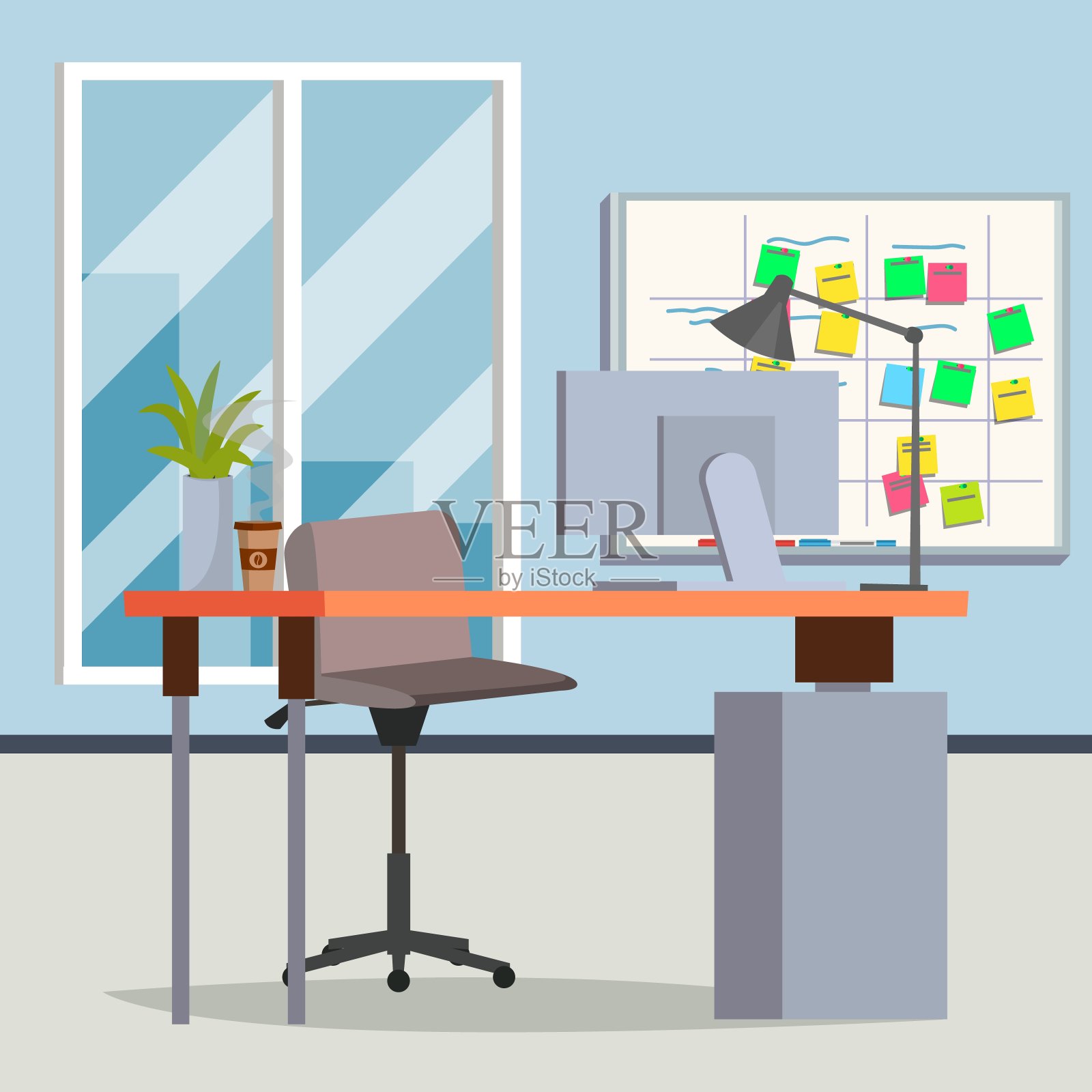 办公室室内向量。现代工作场所。室内办公空间。平的插图插画图片素材