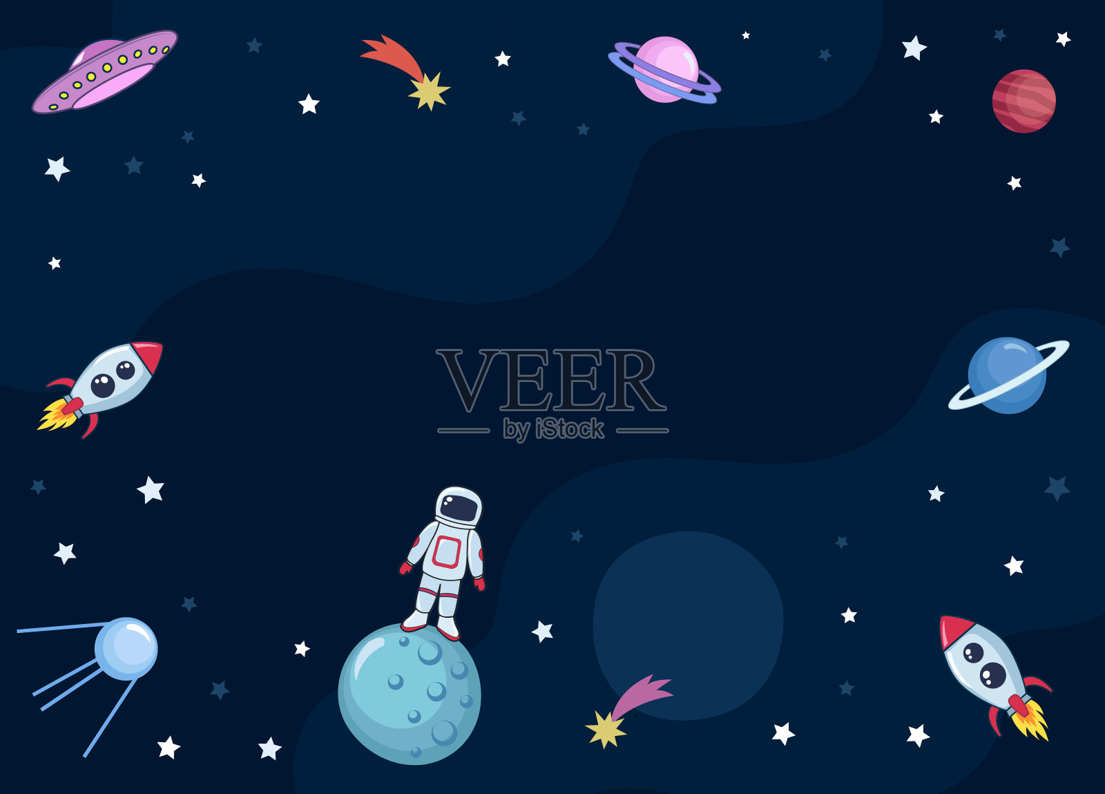 可爱的彩色背景模板与太空火星、星星、行星、ufo、火箭、飞船、卫星和彗星在黑暗的背景。插画图片素材