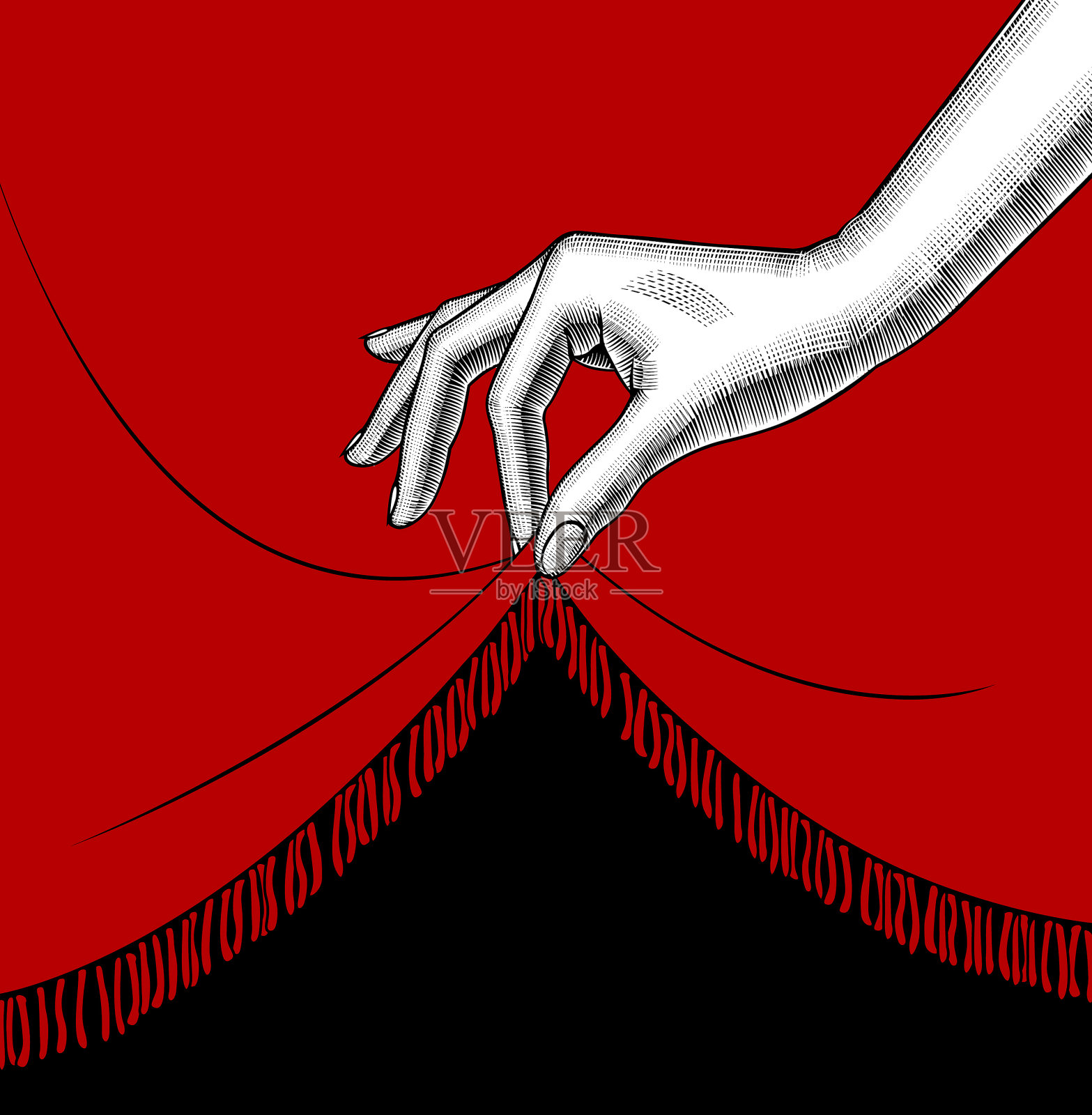 女人的手掀起了红窗帘的边缘插画图片素材