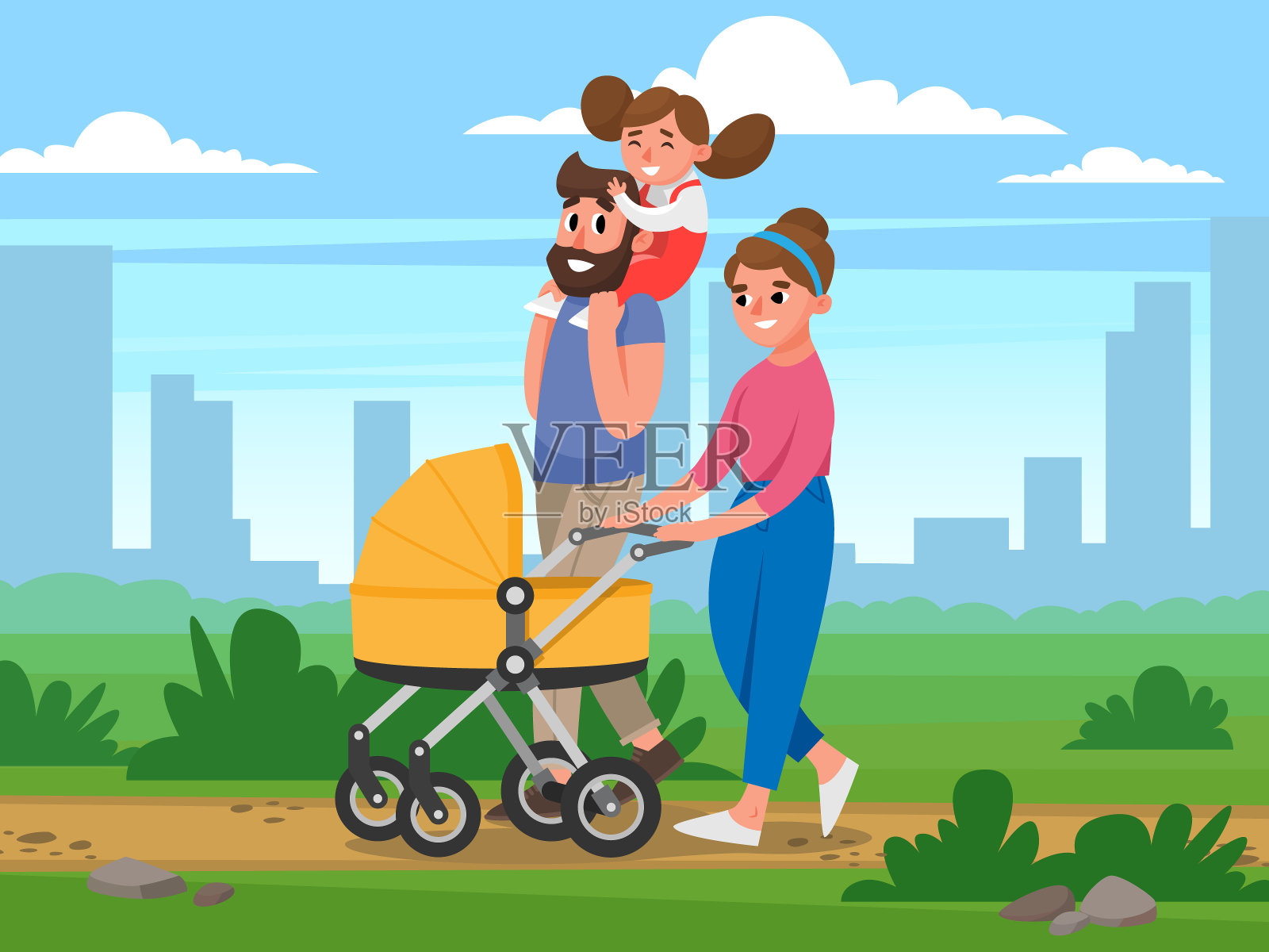 以建筑为背景，在公园里散步的快乐家庭插画图片素材
