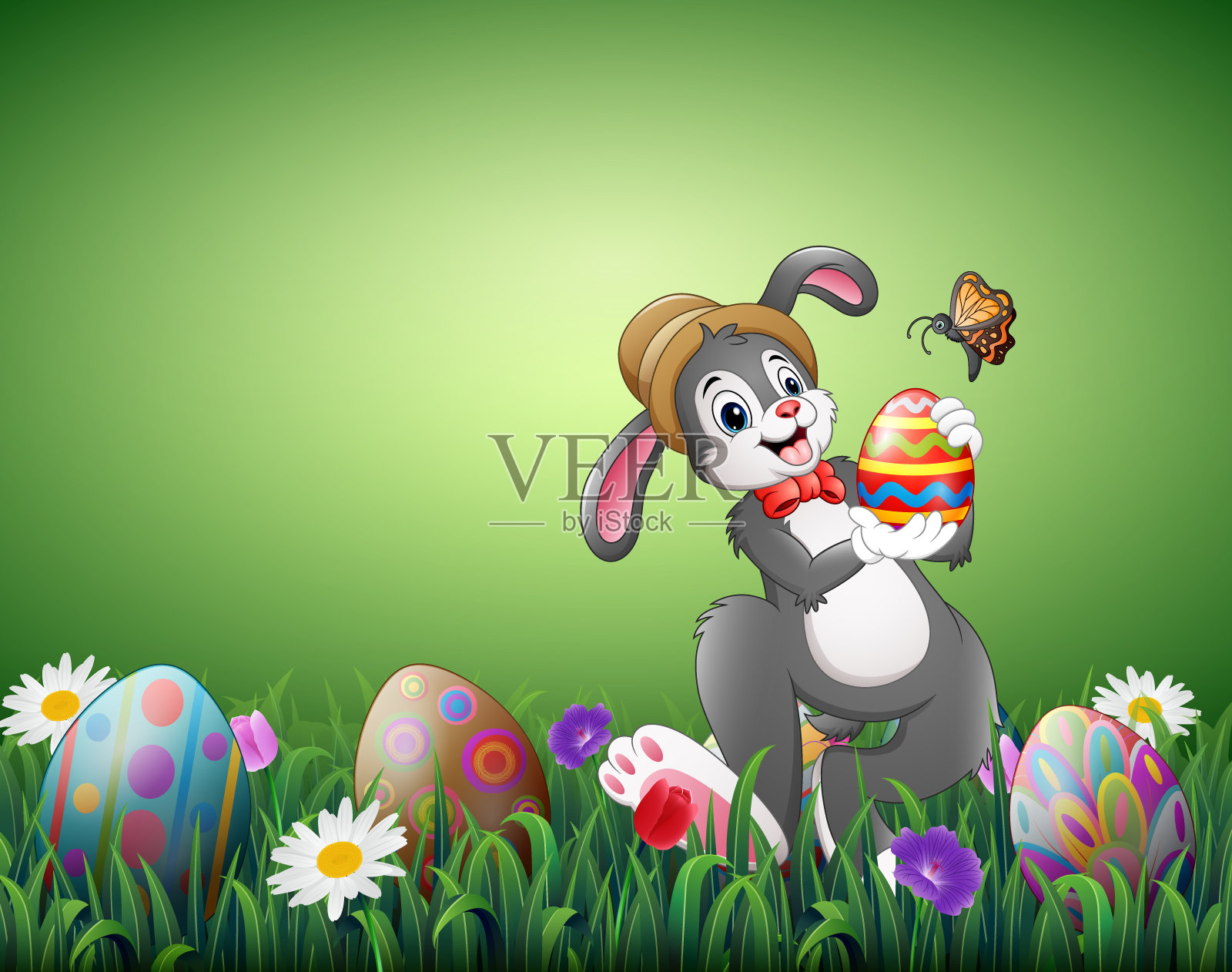 快乐的复活节兔子拿着复活节彩蛋在田野里插画图片素材