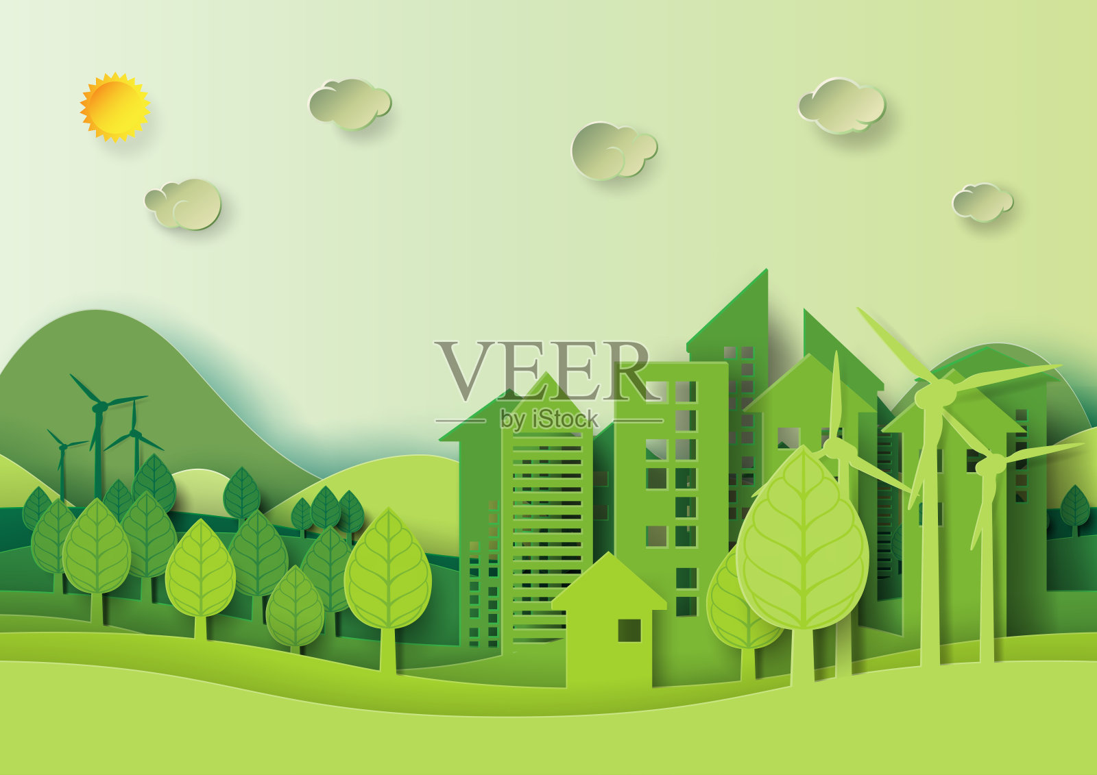 绿色城市城市和森林环境概念纸艺术风格插画图片素材