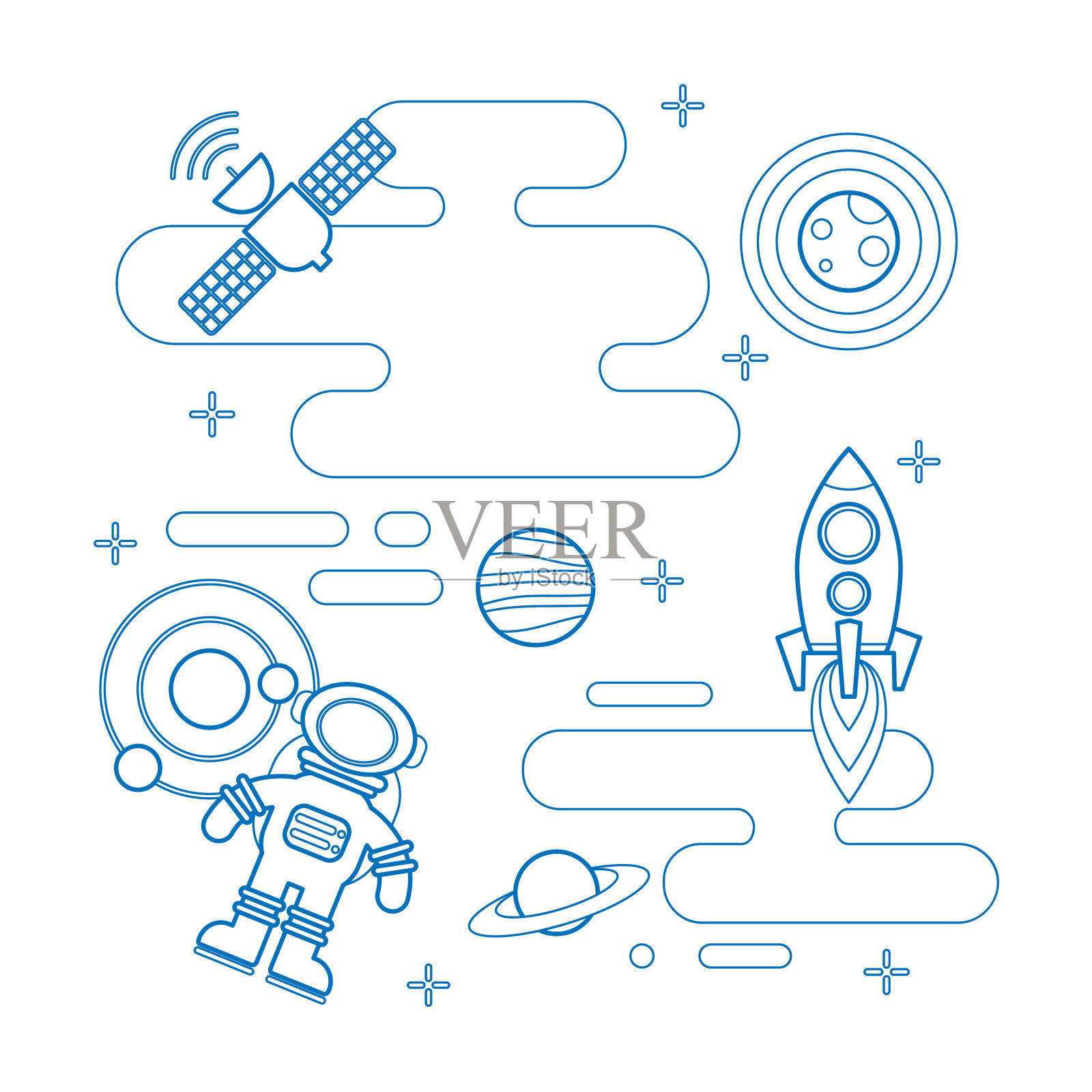矢量线空间插图:行星，宇宙飞船，卫星，宇航员插画图片素材