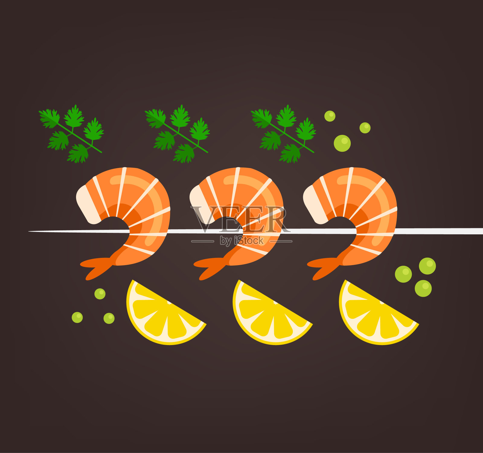美味的鲜煎虾仁配柠檬片和辣椒粉。海鲜营养概念插画图片素材