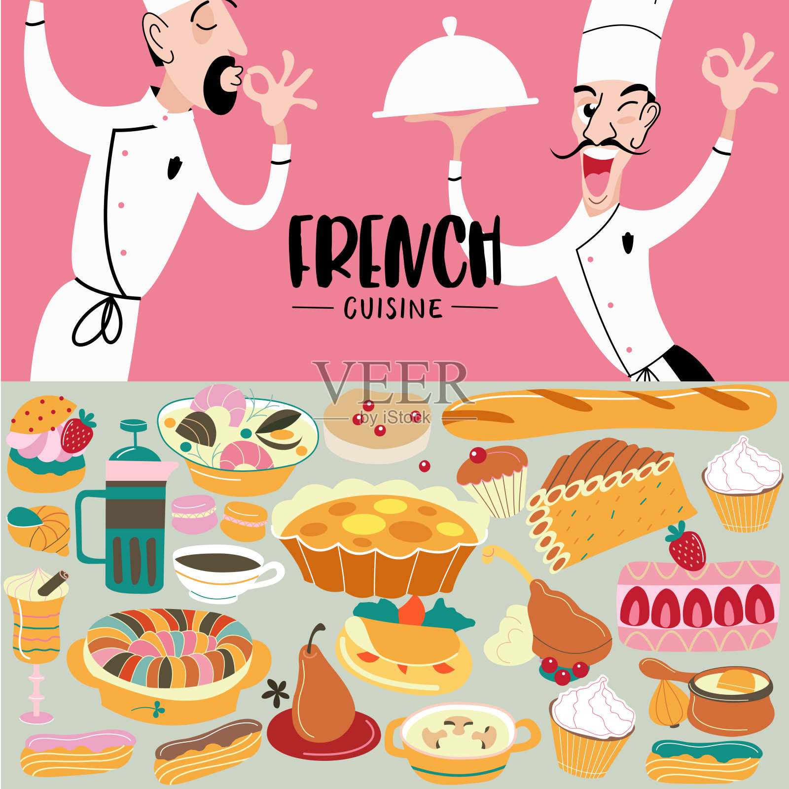 法国菜。菜单。一套法式菜肴和糕点。插画图片素材