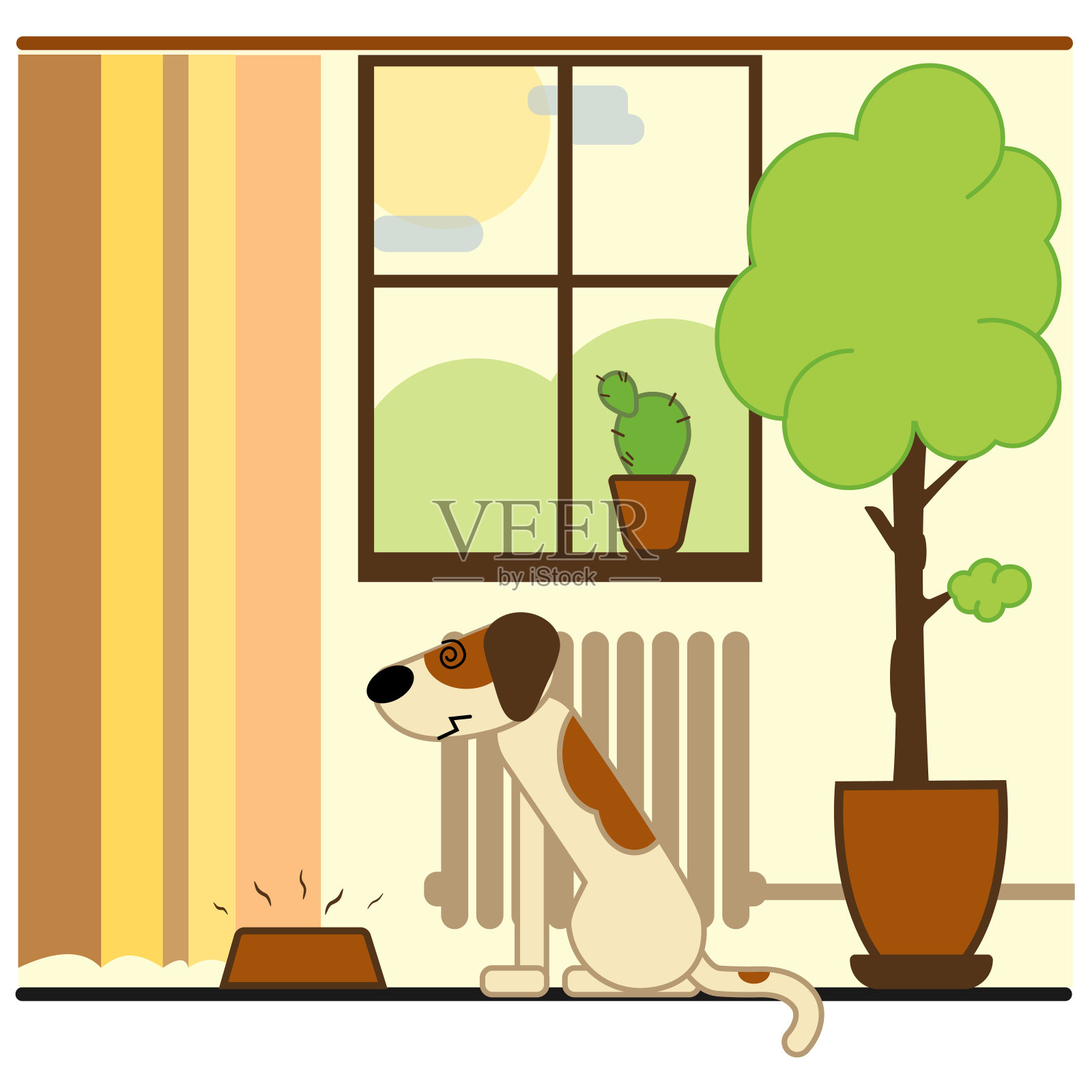 狗坐在家里看着一碗变质的食物扁平化插画图片素材