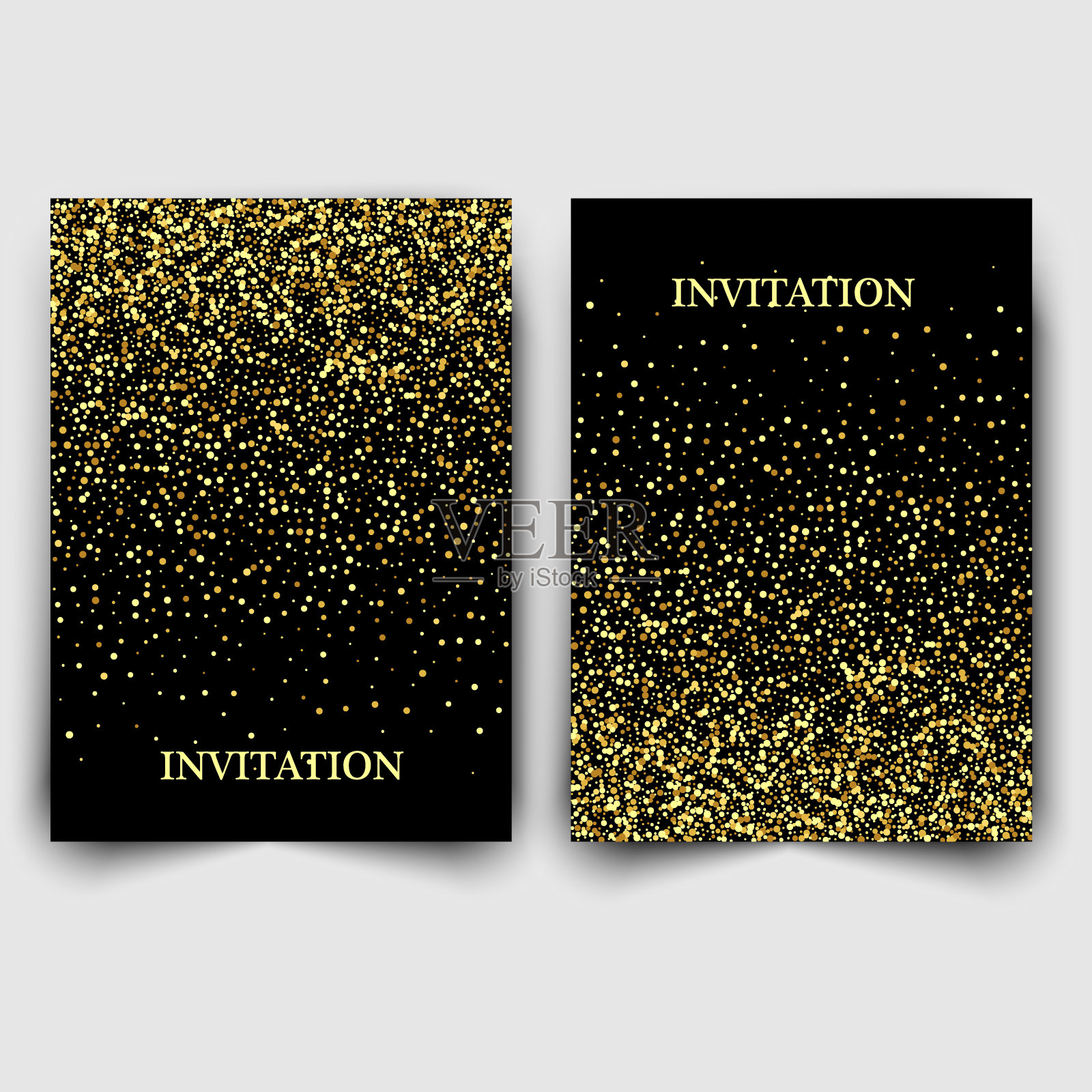 两个模板设计的邀请与黄金亮片。节日设计明信片,邀请设计模板素材