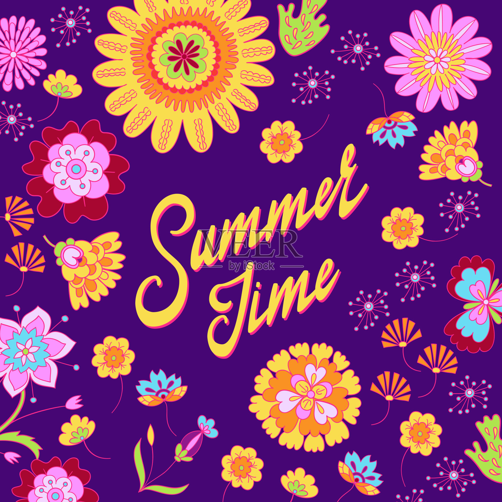 在花的背景上的夏季时间字母向量插画图片素材