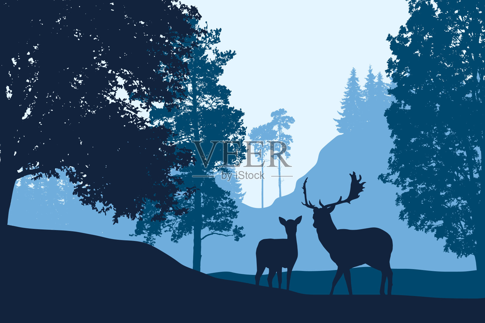 鹿和后站在树与山景观下的蓝天矢量插画图片素材