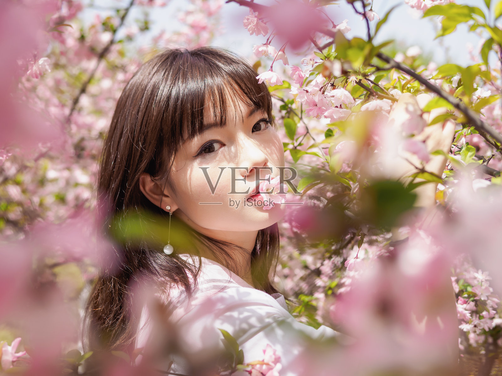 户外肖像美丽的年轻的中国女孩在校服日本风格微笑在樱花树早午餐在春天的花园，美丽，夏天，情感，表达和人们的概念。照片摄影图片