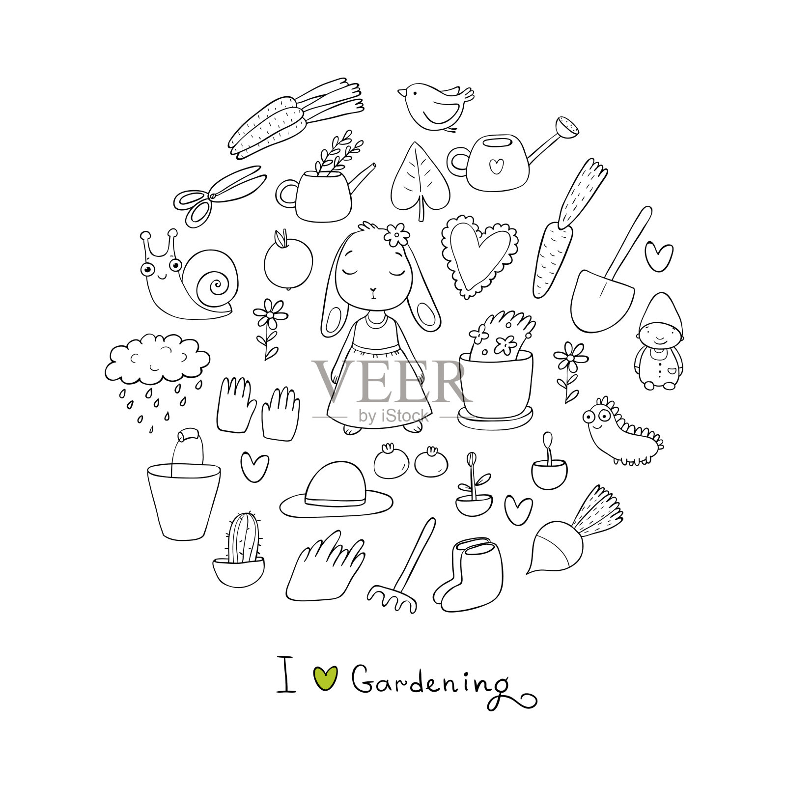 可爱的卡通兔子女孩和一套花园物体。植物，盆和园艺工具。设计元素图片