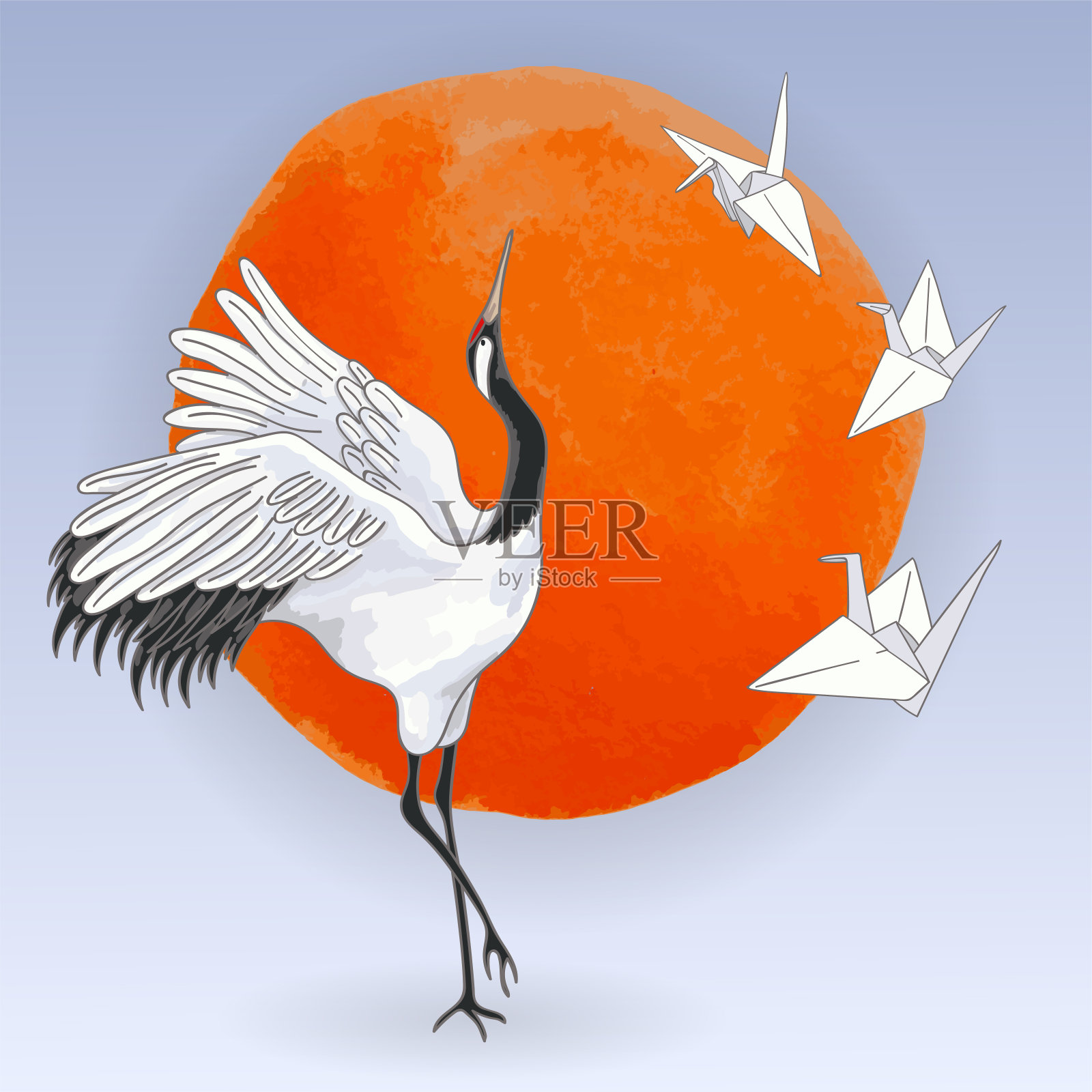 日本舞鹤和纸鸟在日落插画图片素材