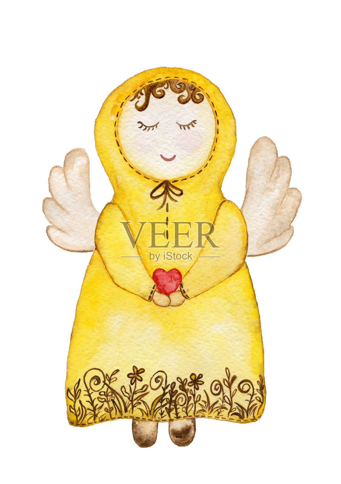 那个穿着黄色连衣裙、带着兜帽的天使手里拿着一颗心。插画图片素材