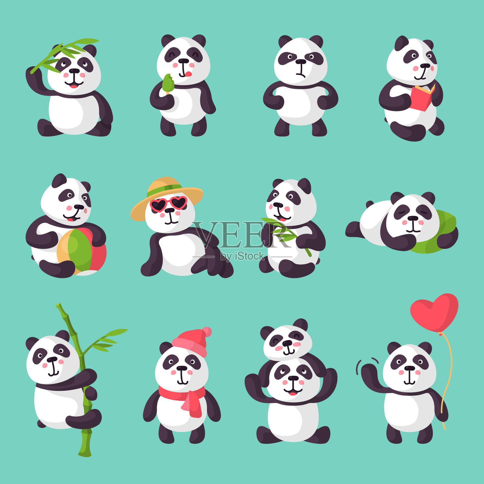 熊猫矢量熊或中国熊与竹子在爱玩或睡觉插图一套大熊猫阅读或吃冰淇淋孤立的背景插画图片素材