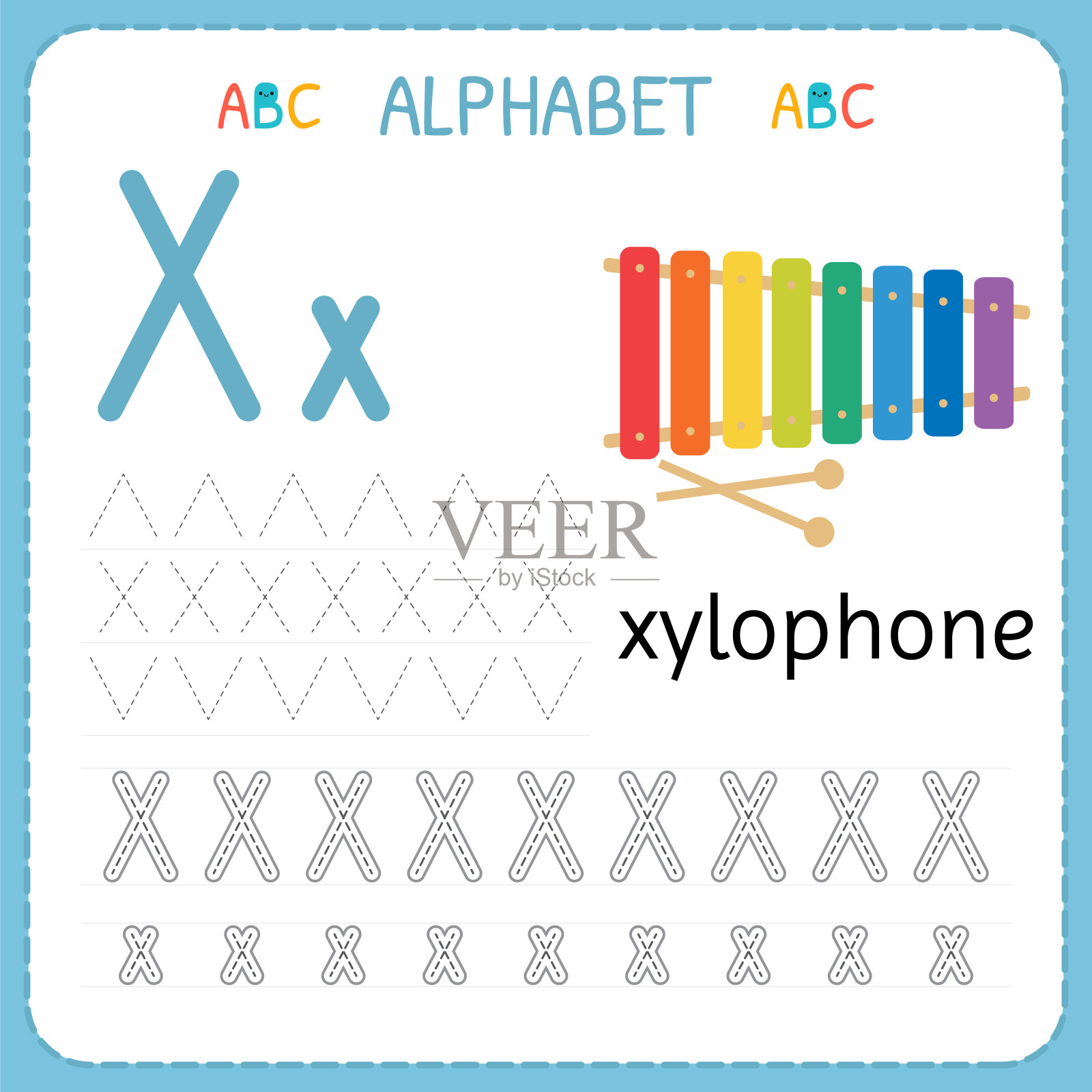 学龄前和幼儿园的字母追踪工作表。写字母x练习插画图片素材
