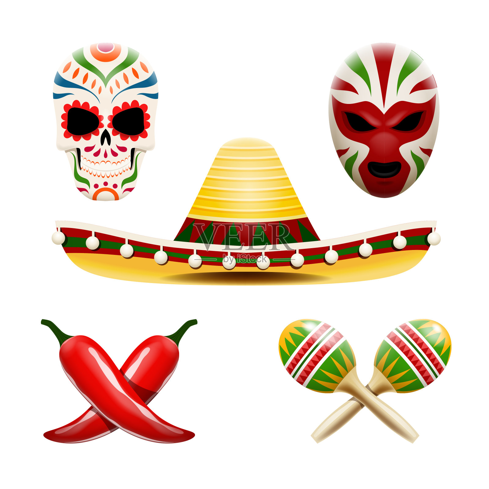 矢量集墨西哥符号，如宽边帽，沙球，辣椒，糖头骨calavera和摔跤手面具。插画图片素材
