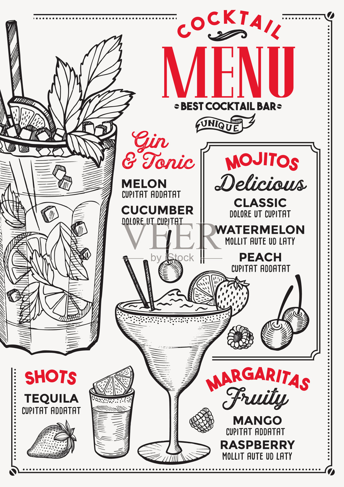 酒吧鸡尾酒菜单，饮料模板。插画图片素材