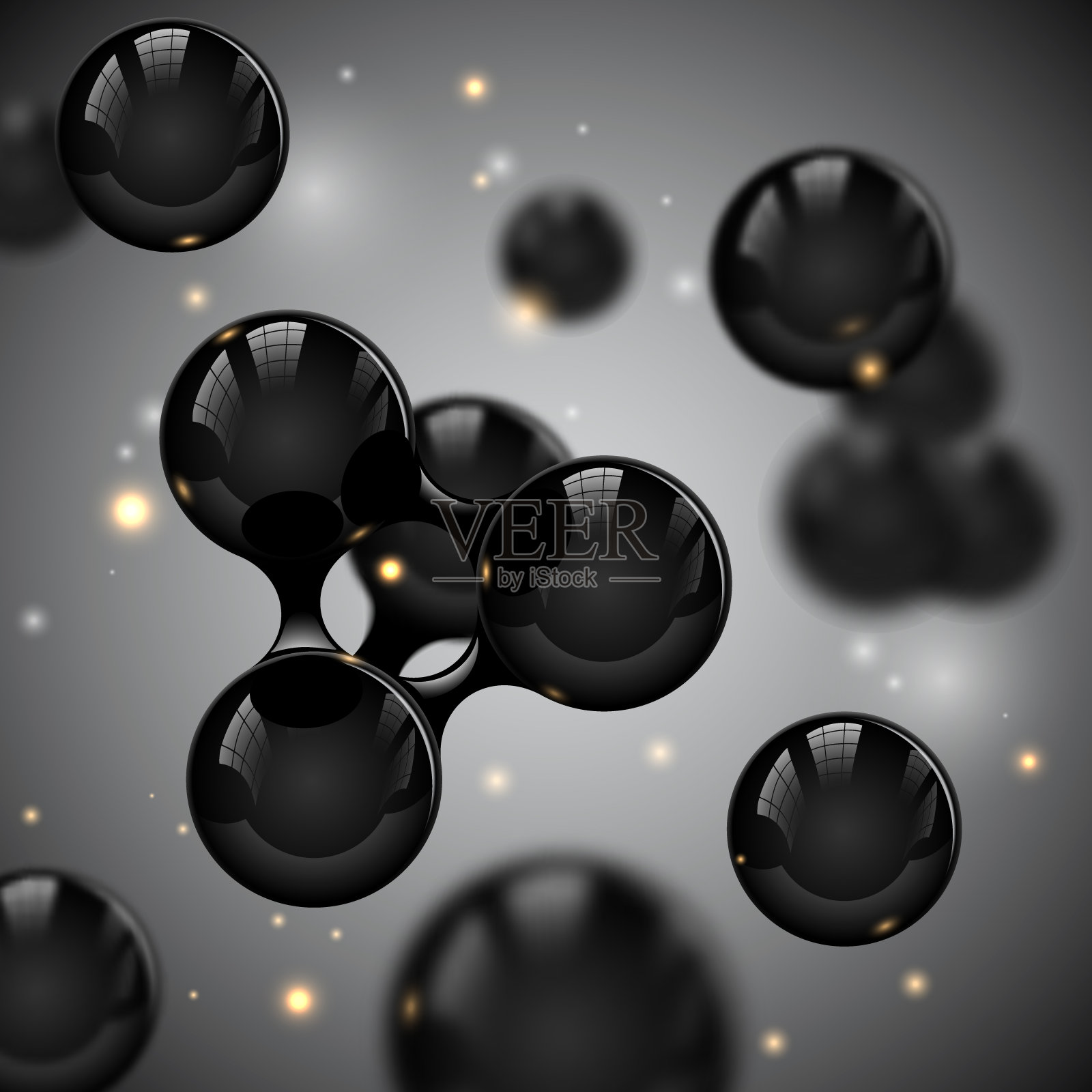 矢量抽象黑色光滑分子设计。原子与辉光火花插图。医学背景的科学横幅或传单。具有球形粒子的分子结构插画图片素材