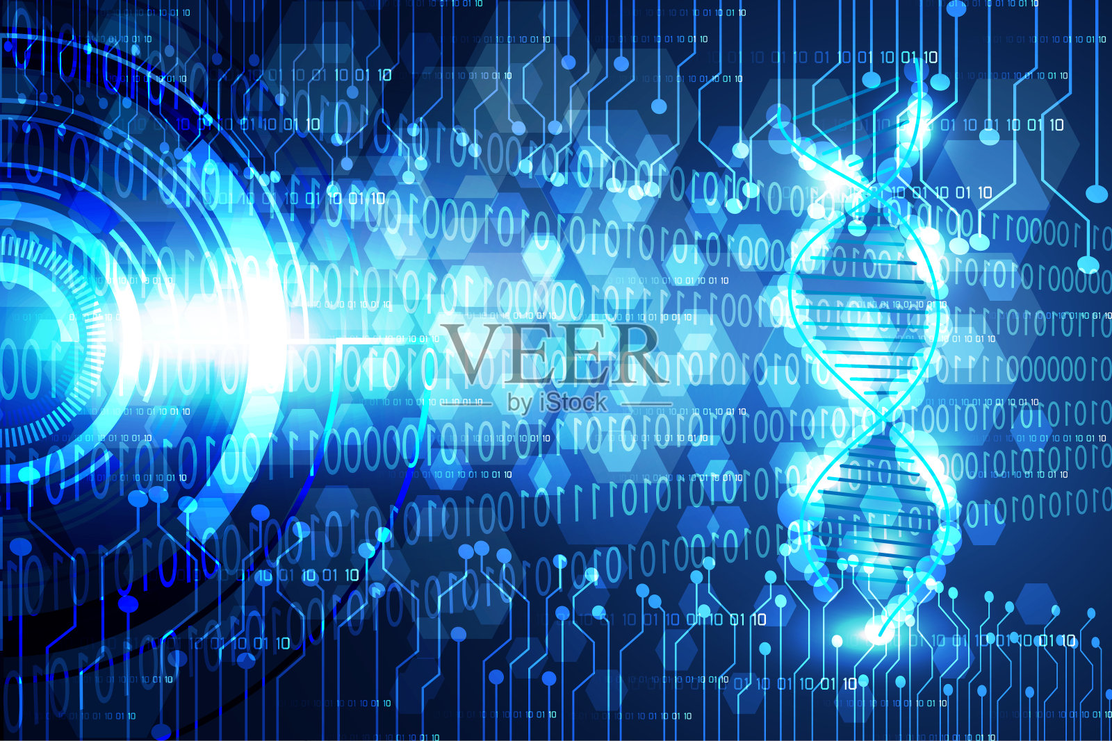 抽象技术科学概念现代圆蓝光和DNA数字在高科技六边形背景插画图片素材