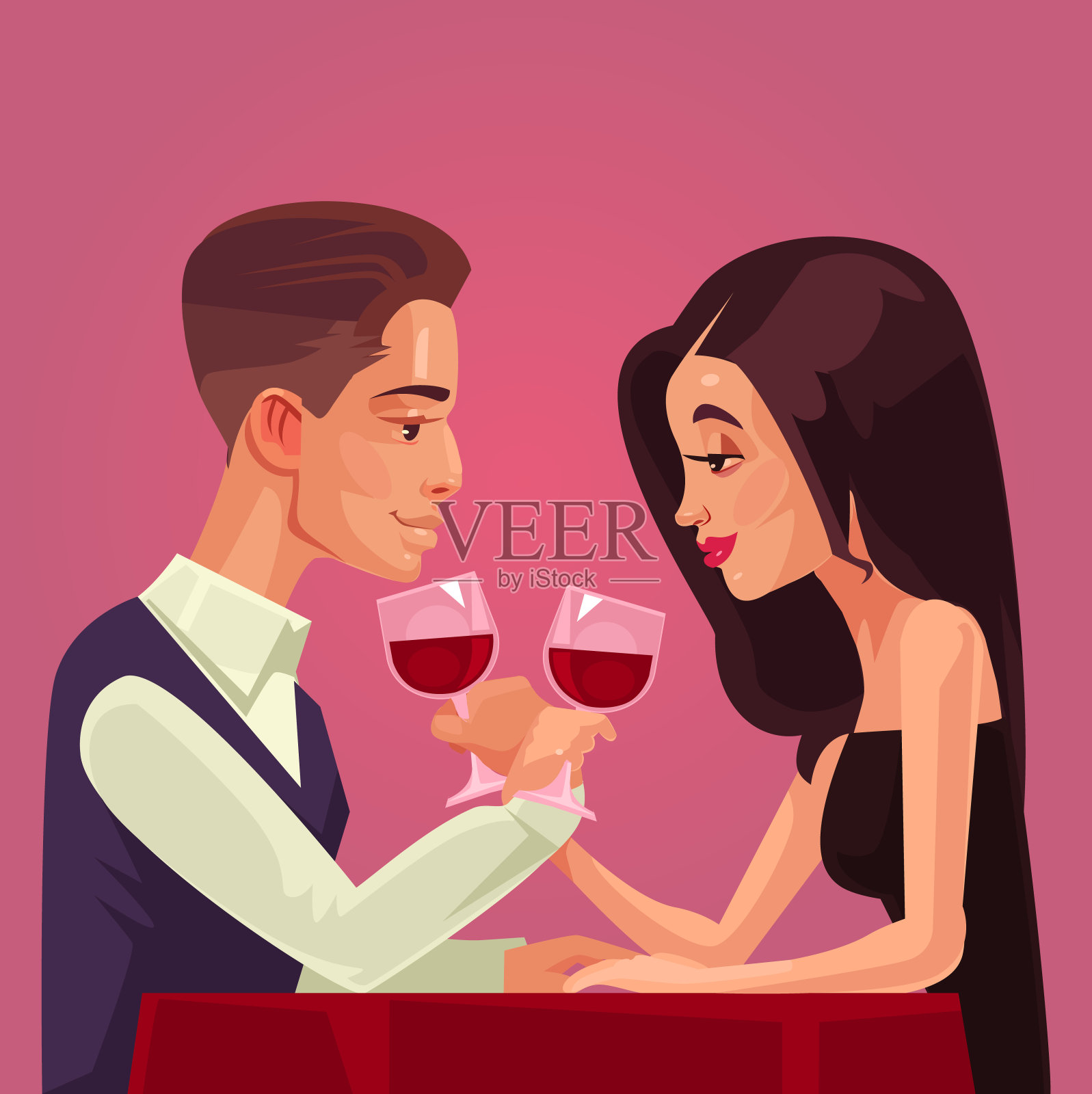 两个幸福的微笑的人男女恋人性格有约会见面和一起喝酒。爱情关系浪漫庆祝概念。矢量平面卡通图形设计插图插画图片素材