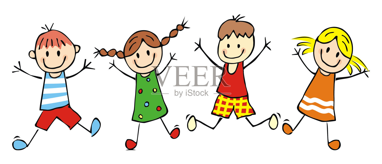 快乐的孩子们，跳跃的女孩和男孩，有趣的矢量插图插画图片素材