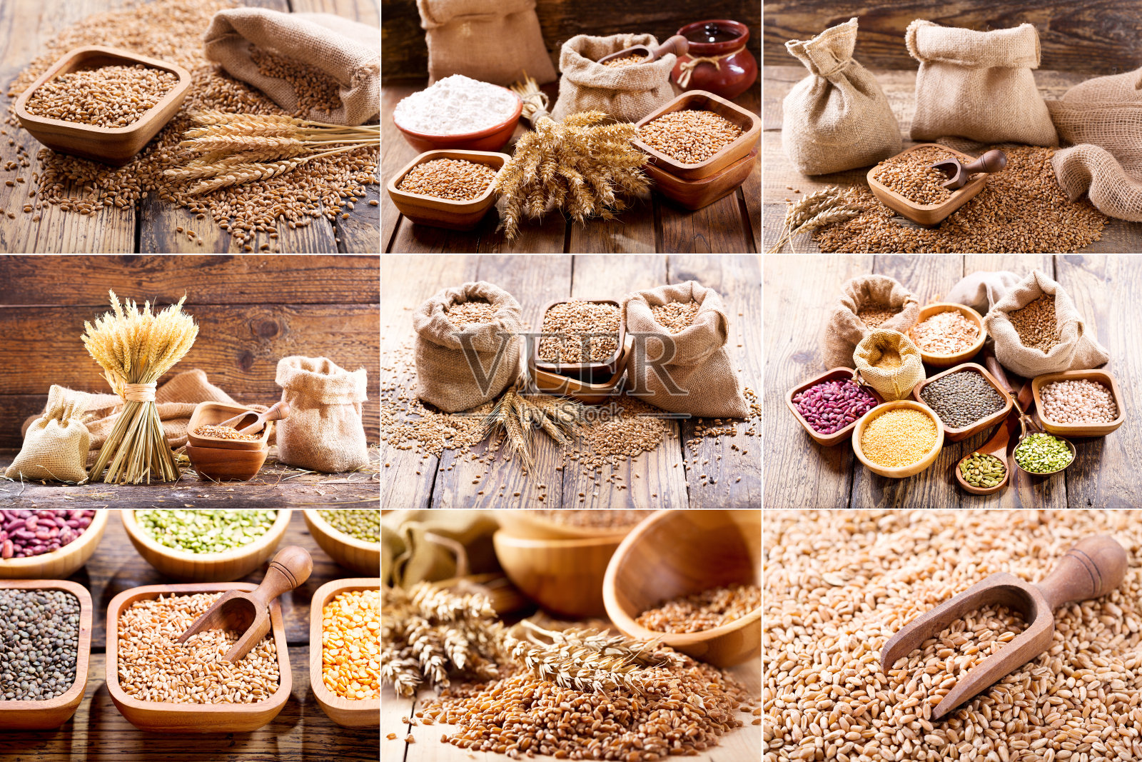 小麦穗，谷物和谷类制品的拼贴照片摄影图片