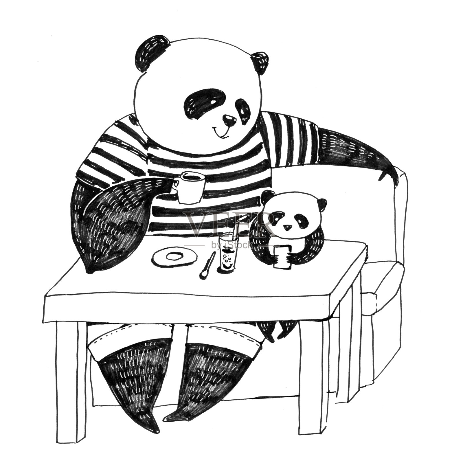 钢笔黑白插图着色书。穿着黑白t恤的熊猫爸爸坐在咖啡厅里，和玩智能手机的熊猫小儿子一起喝咖啡插画图片素材