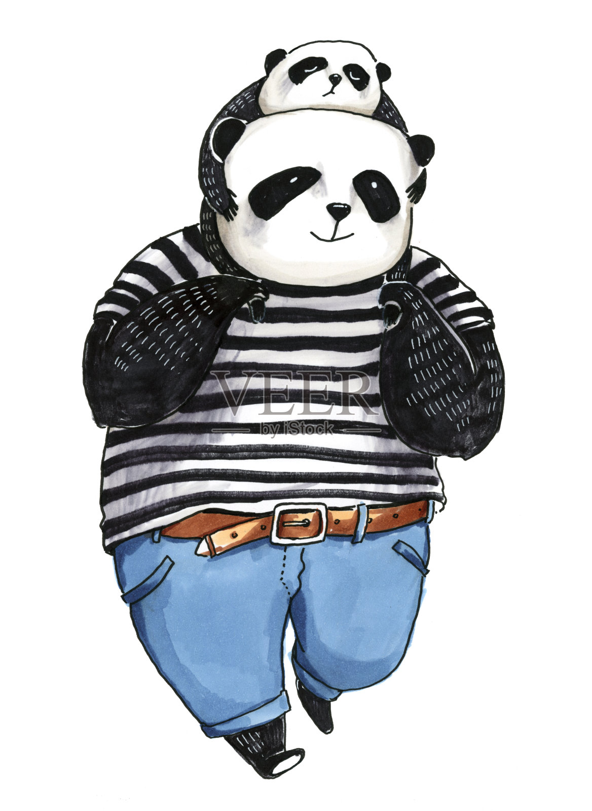 水彩和钢笔插图。熊猫爸爸穿着黑色和白色的t恤走远了，他的小熊猫在他的肩膀上插画图片素材