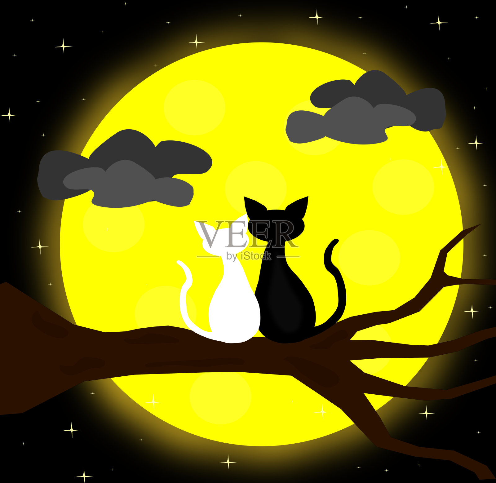 两只猫在晚上满月坐在干燥的树上，情侣，卡通风格，动物向量。插画图片素材