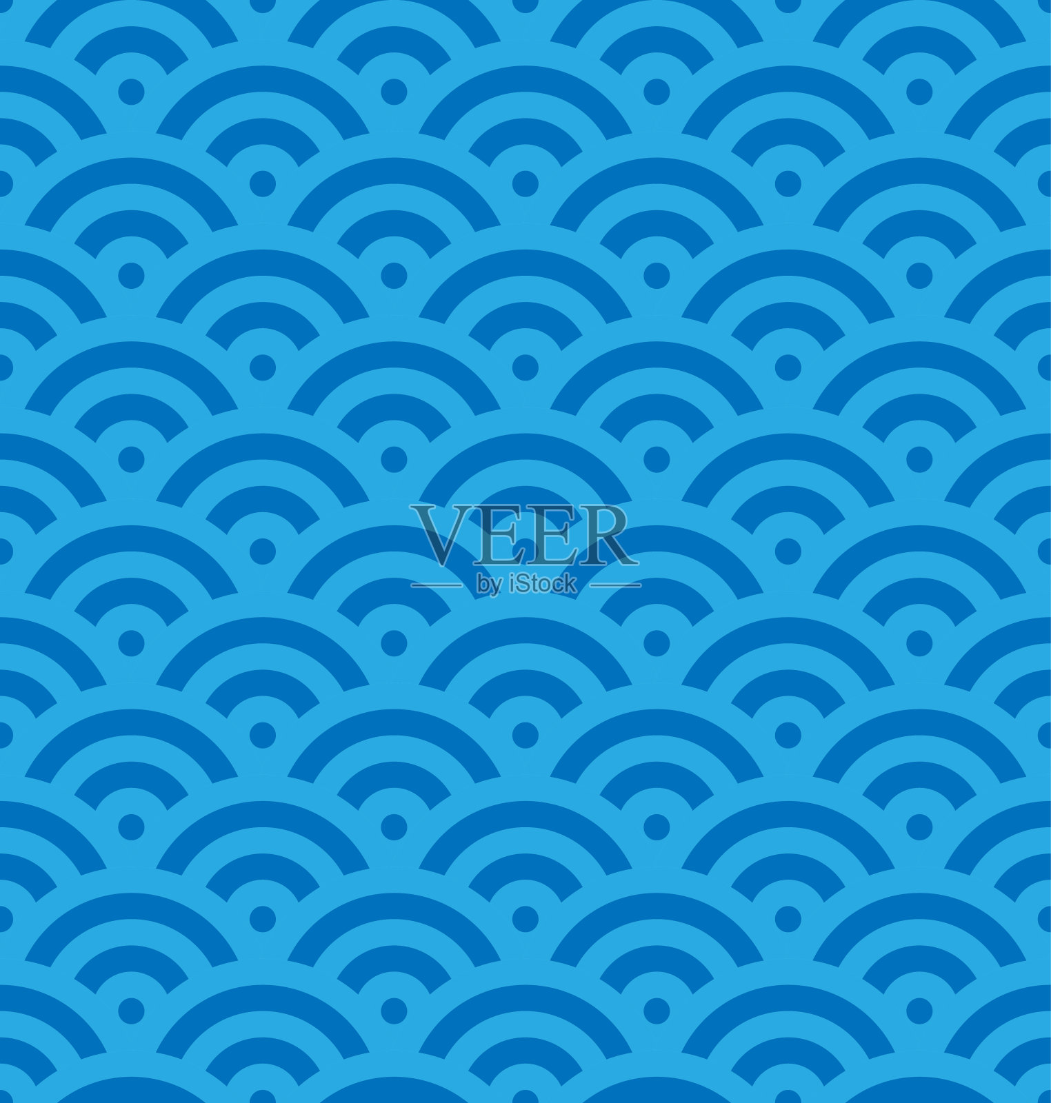 蓝色鱼鳞的同心圆背景。抽象的无缝图案看起来像海浪。矢量图插画图片素材
