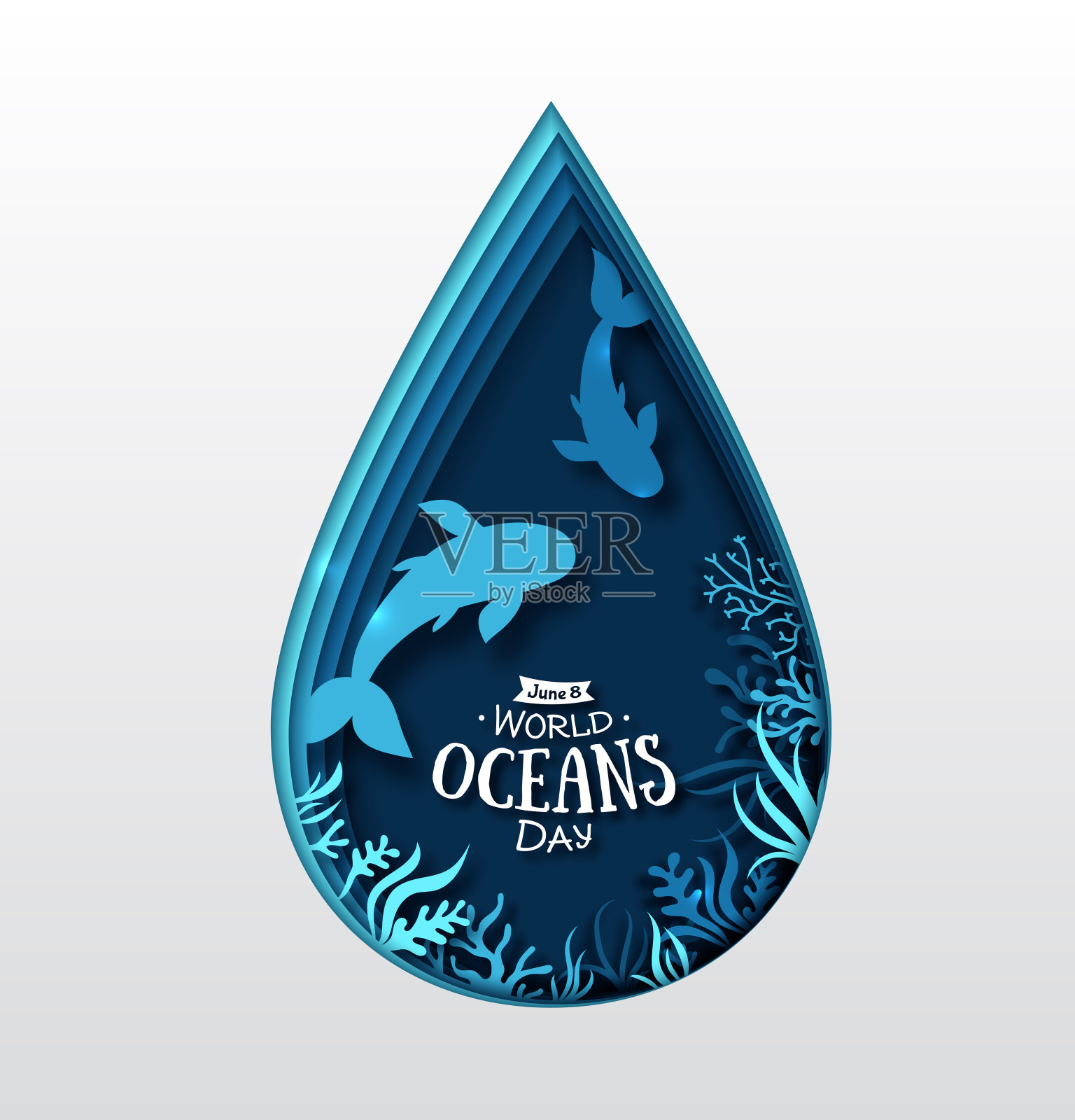 世界海洋日纸艺术概念。庆祝活动致力于帮助保护和保护世界海洋，水，生态系统。设计元素图片