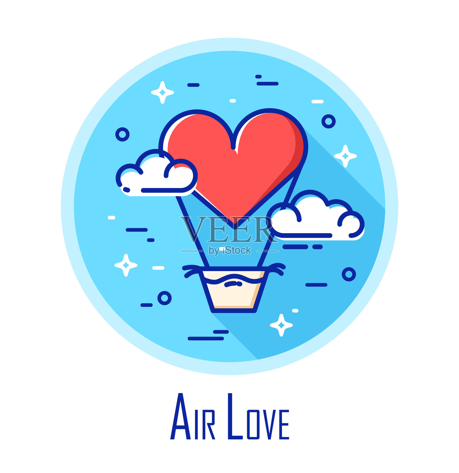 矢量图标与气球在形状的心脏和云在天空。空气的爱。细线平面设计。插画图片素材