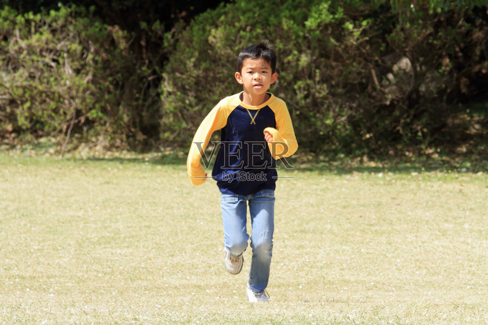 日本男孩在草地上跑步(小学三年级)照片摄影图片
