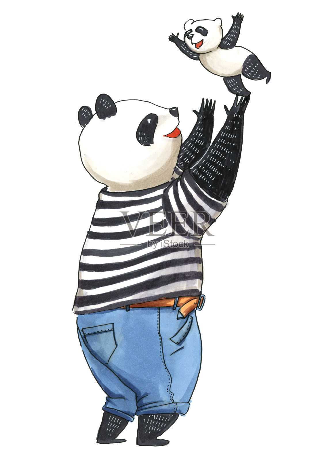 水彩和标记插图。穿着黑白t恤的熊猫爸爸一边在空中吐着他的熊猫小儿子一边笑插画图片素材