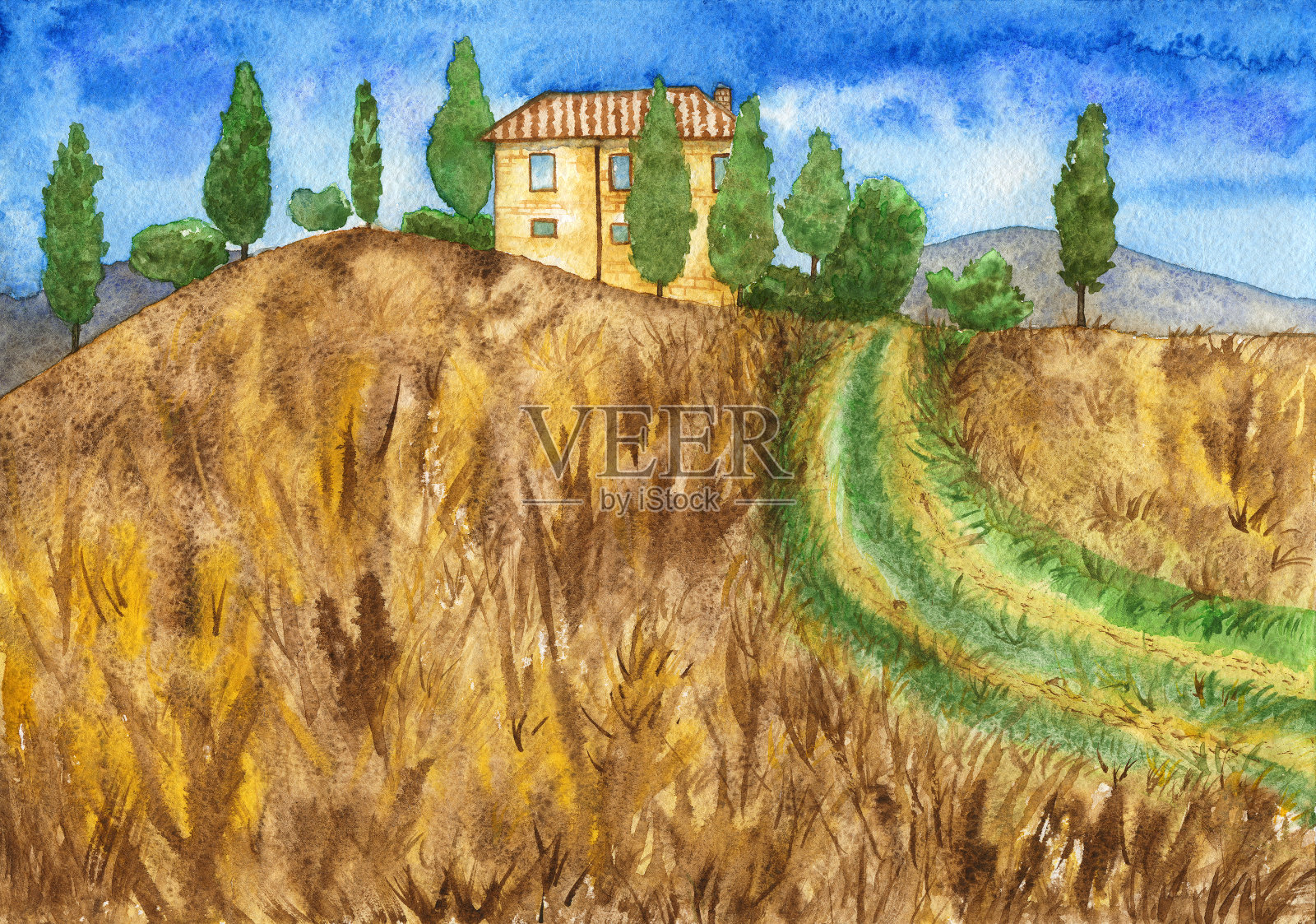 田园风光，乡间别墅，田野和绿树在蓝天上。插画图片素材