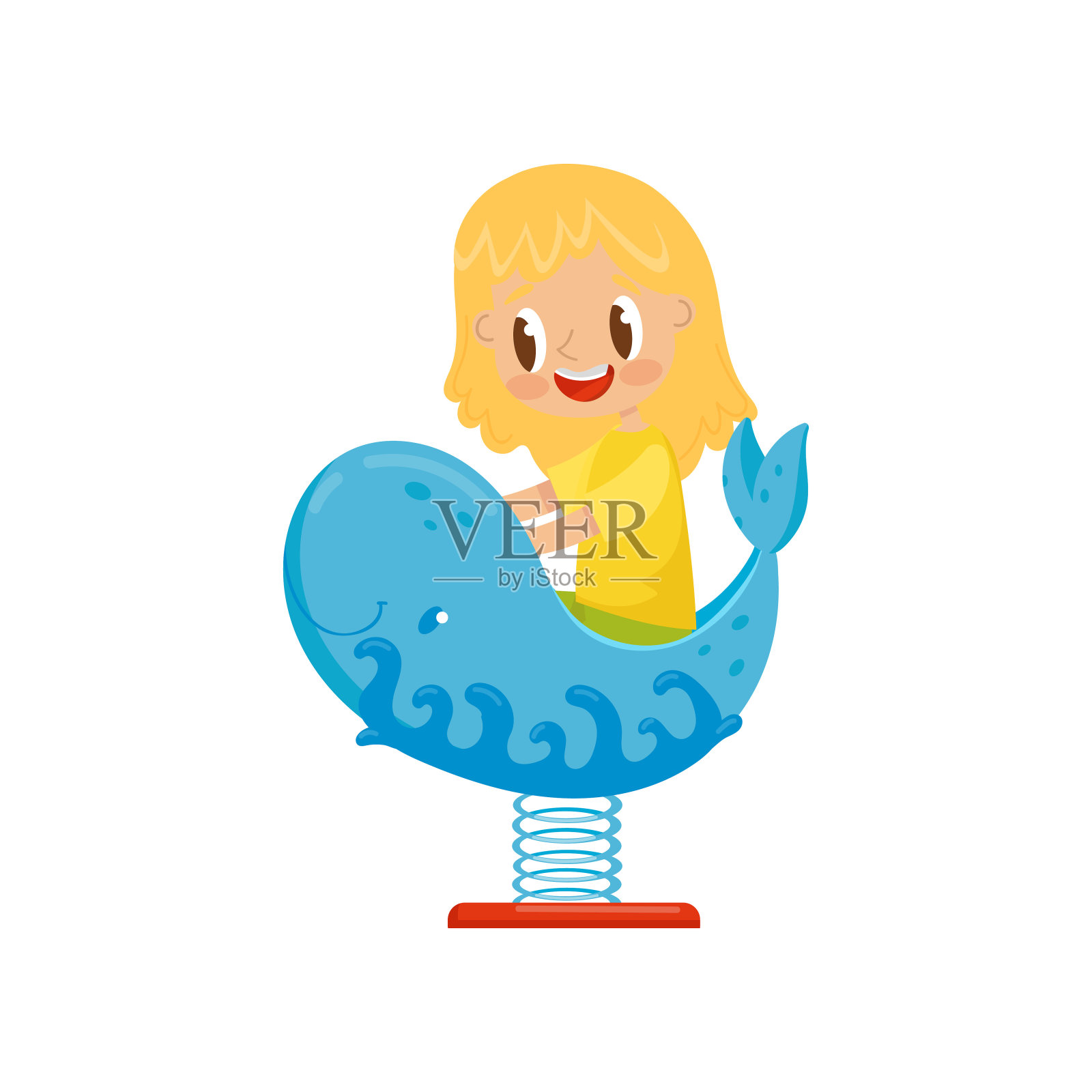 女孩有乐趣在弹簧跷跷板鲸鱼，孩子在操场上的矢量插图上的白色背景插画图片素材