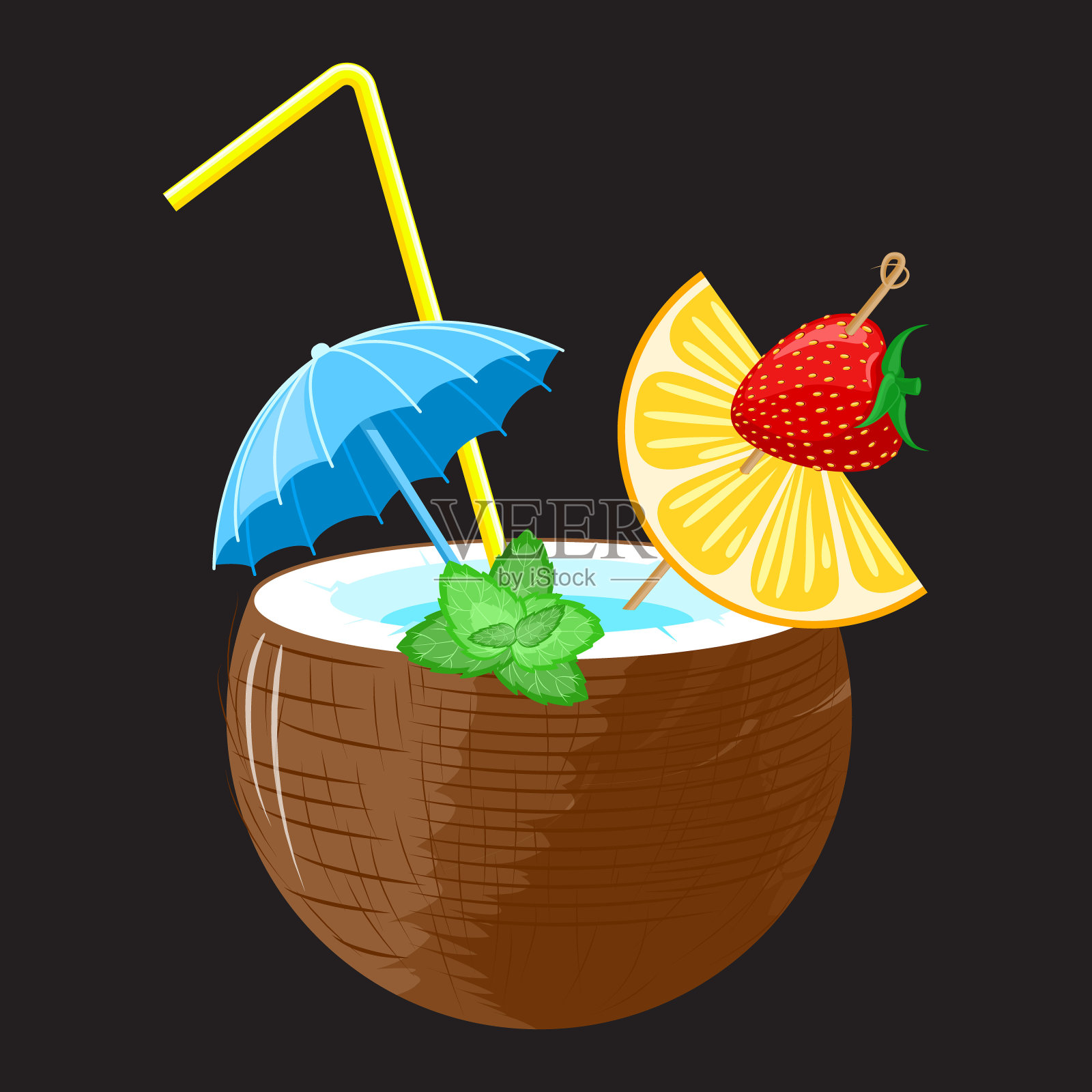 椰子椰子汁鸡尾酒，草莓和橘子的canape装饰薄荷叶，伞和稻草在黑色的背景。向量。插画图片素材