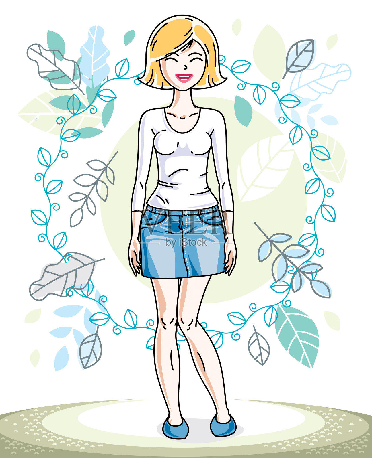 美丽的金发女郎，穿着时髦的休闲服，站在春天的风景背景上，蓝色的树叶。矢量插图。插画图片素材
