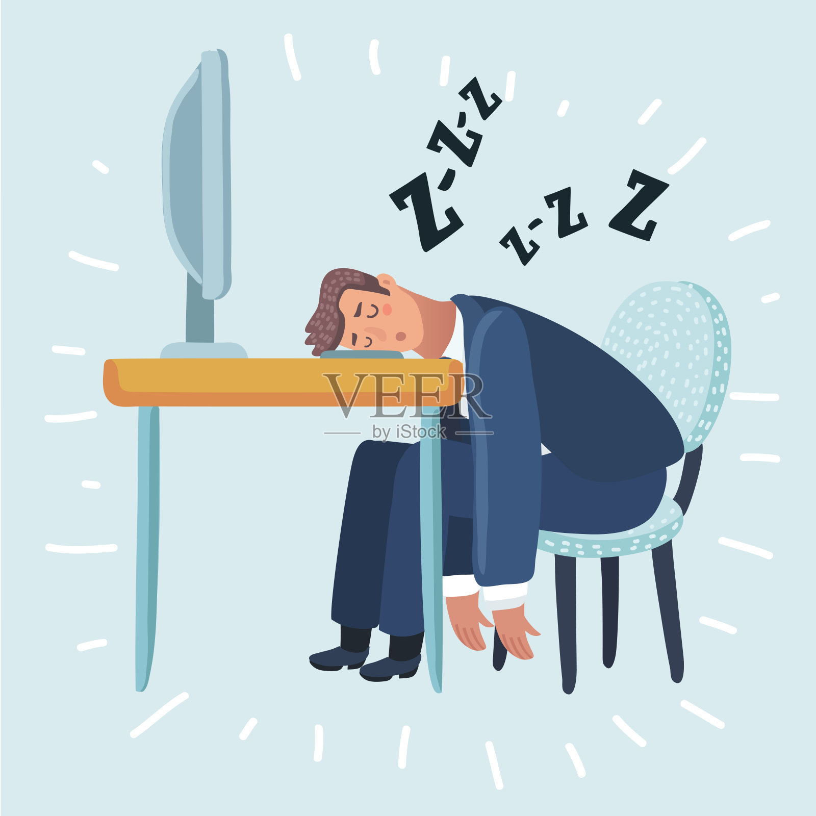疲惫的人坐在办公桌后面的红色椅子上睡在办公室里。商人在电脑上工作。插画图片素材