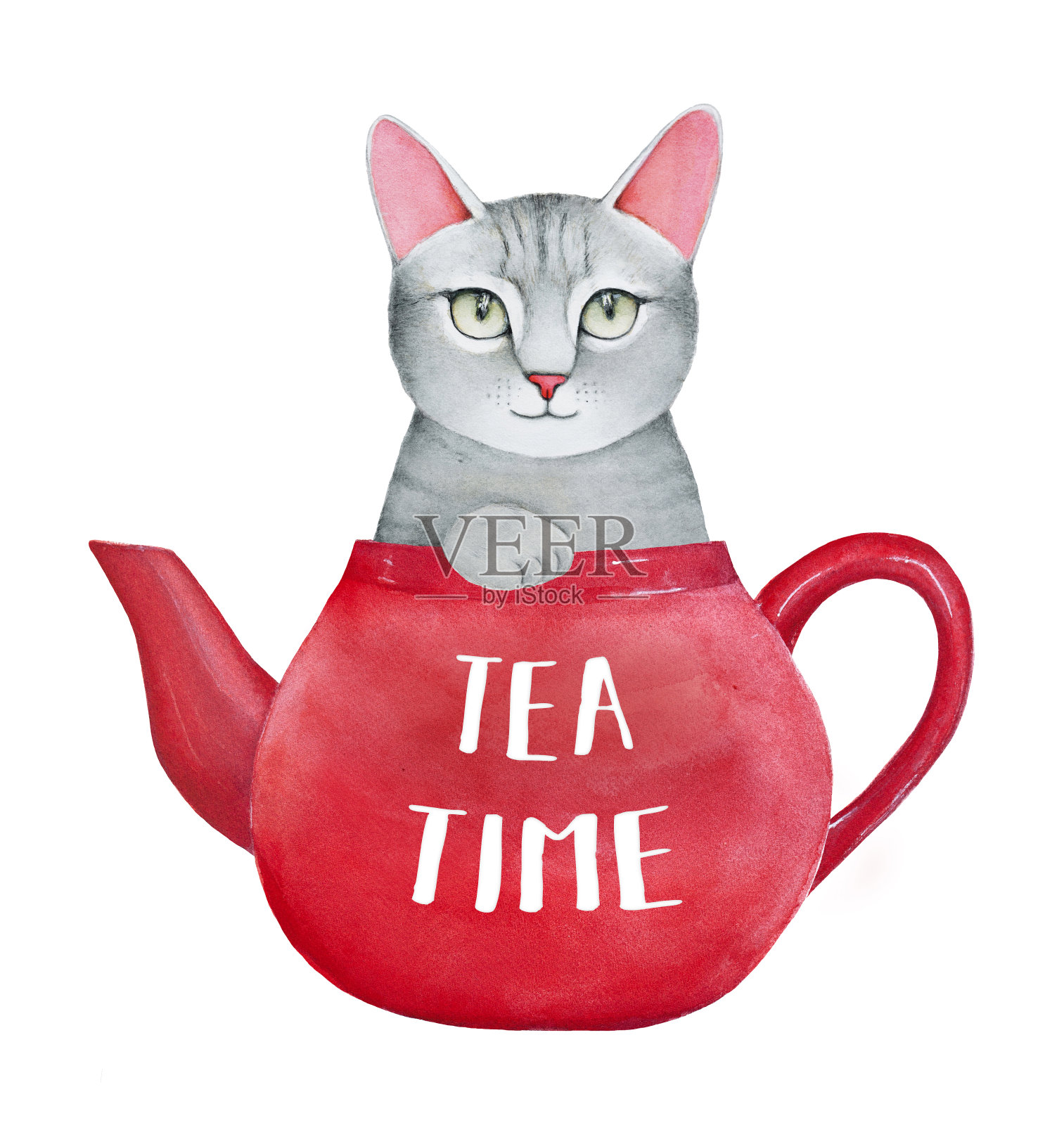 “喝茶时间”的插图，美丽的微笑小猫，明亮的红色陶器和上面写的字。插画图片素材
