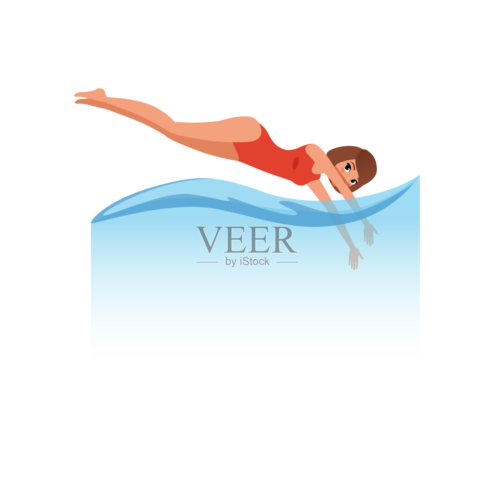 身穿红色泳衣的女子跳入水中，水中运动矢量图上的白色背景插画图片素材