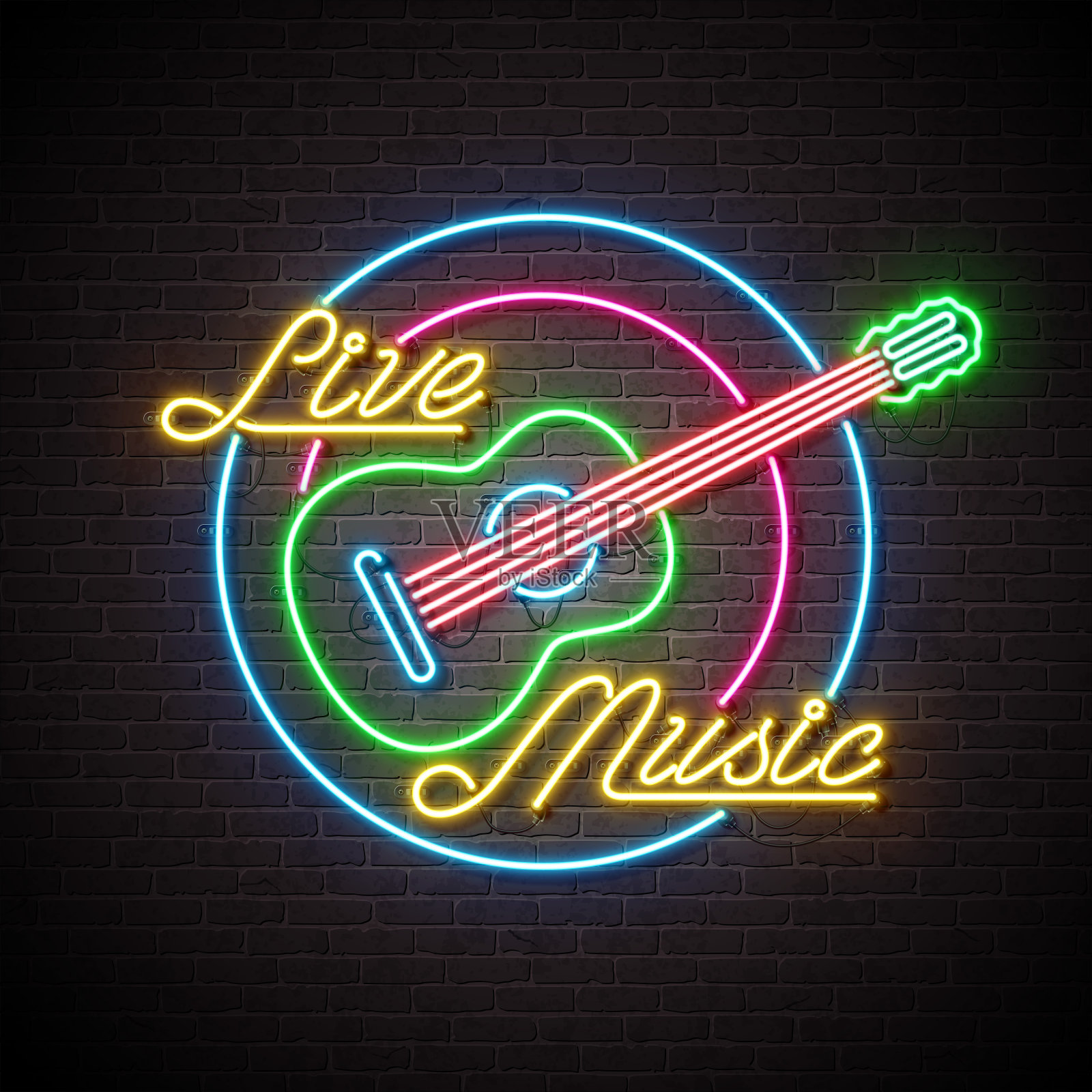 现场音乐霓虹灯与吉他和字母的砖墙背景。装饰、封面、传单或宣传海报的设计模板。插画图片素材