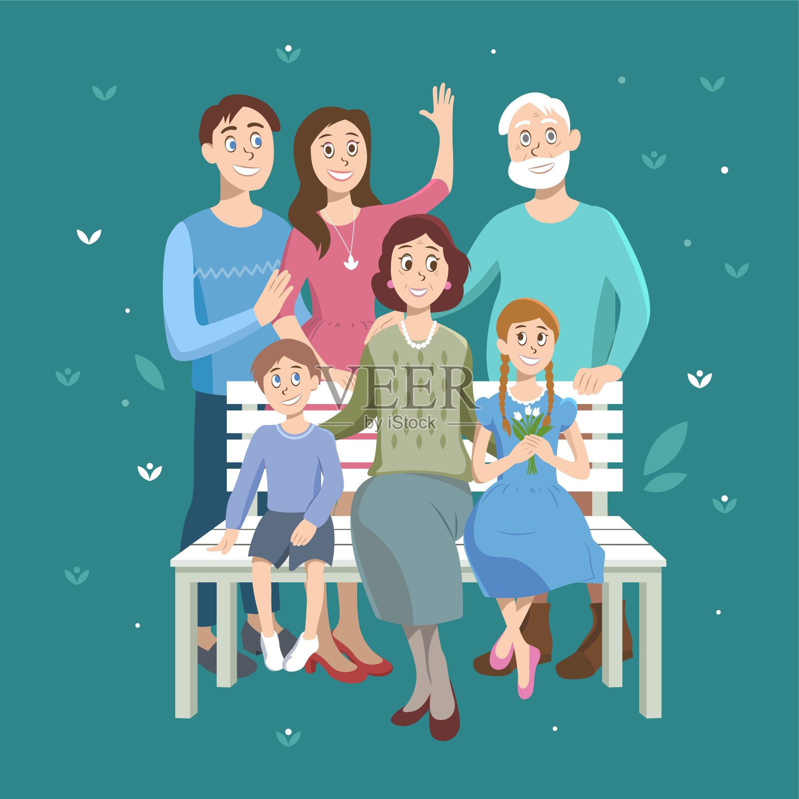 家庭的卡通肖像。祖父、祖母、丈夫、妻子和两个孙子的孩子。插画图片素材